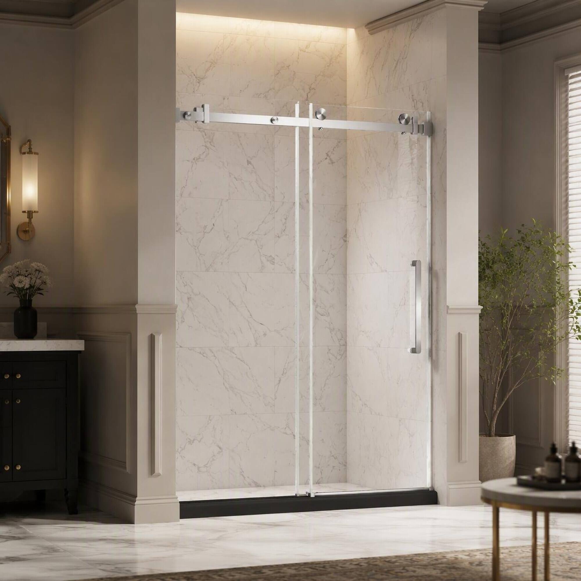 Left. RYHNUYNE - Frameless Single Sliding Shower Door 56-60" W X 76" H With 1/4" Tempered Glass, Brushed Nickel Square Tube Track - Brushed Nickel.
