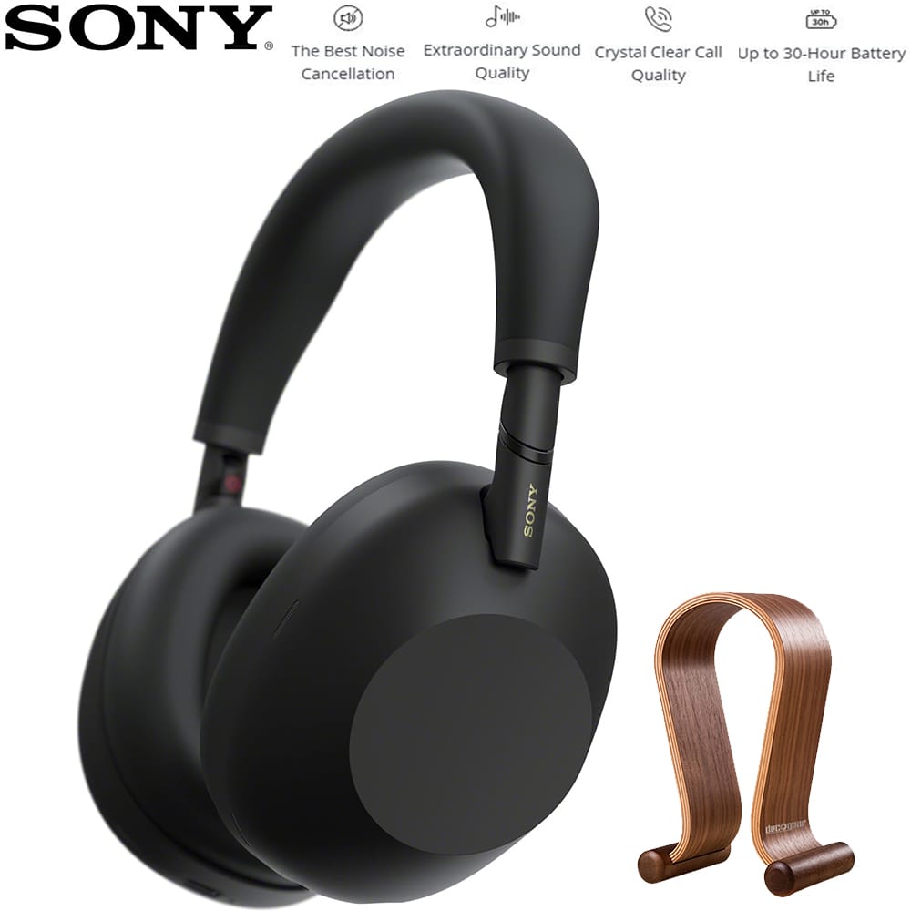 Sony - Best Wireless Noise Canceling Headphones Black with Wood Headphone Stand
