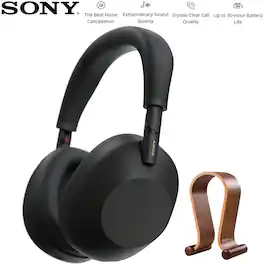 Sony - Best Wireless Noise Canceling Headphones Black with Wood Headphone Stand