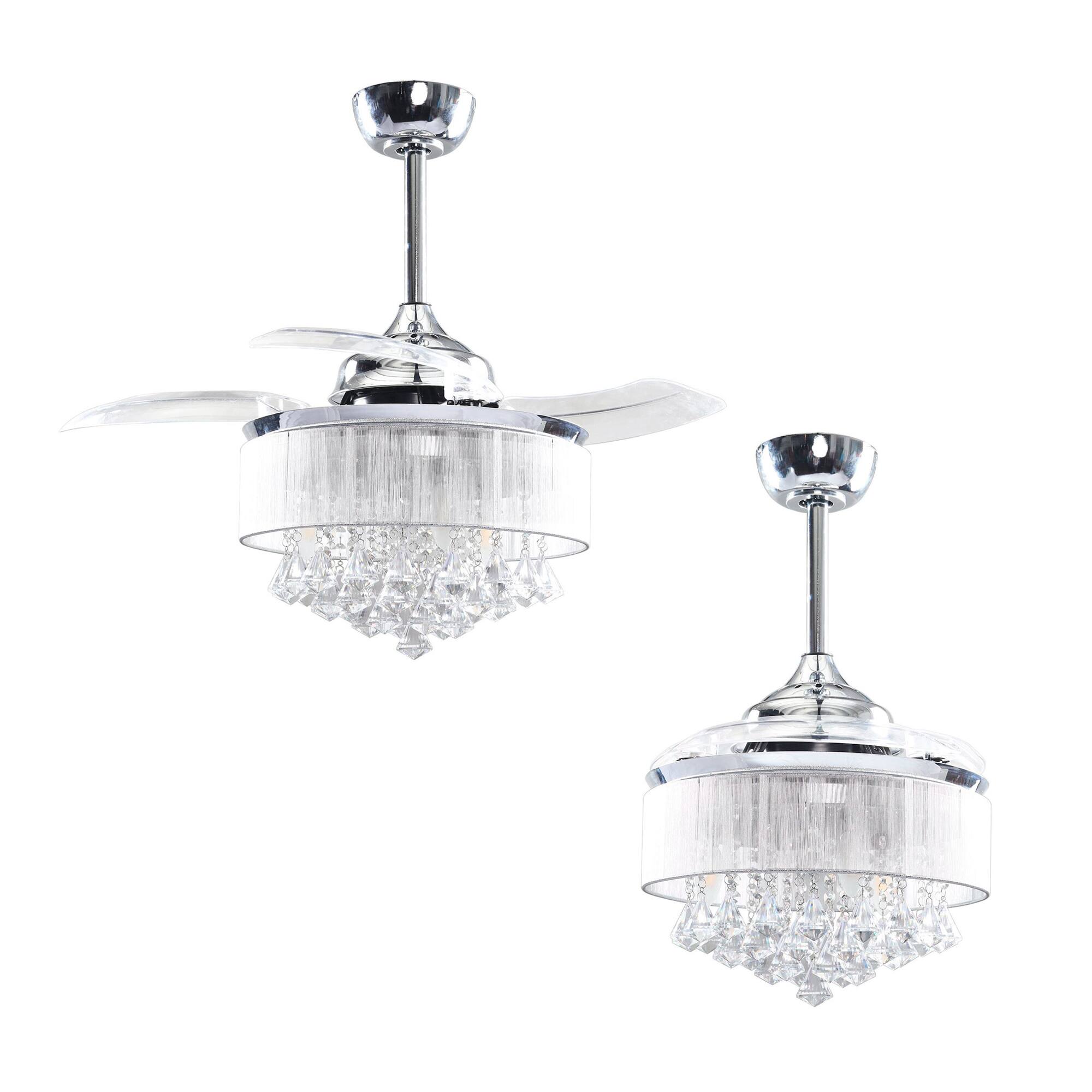 Left. Parrot Uncle - 36" Chrome Retractable 3-blade Crystal Ceiling Fan Chandelier with Remote - Chrome.