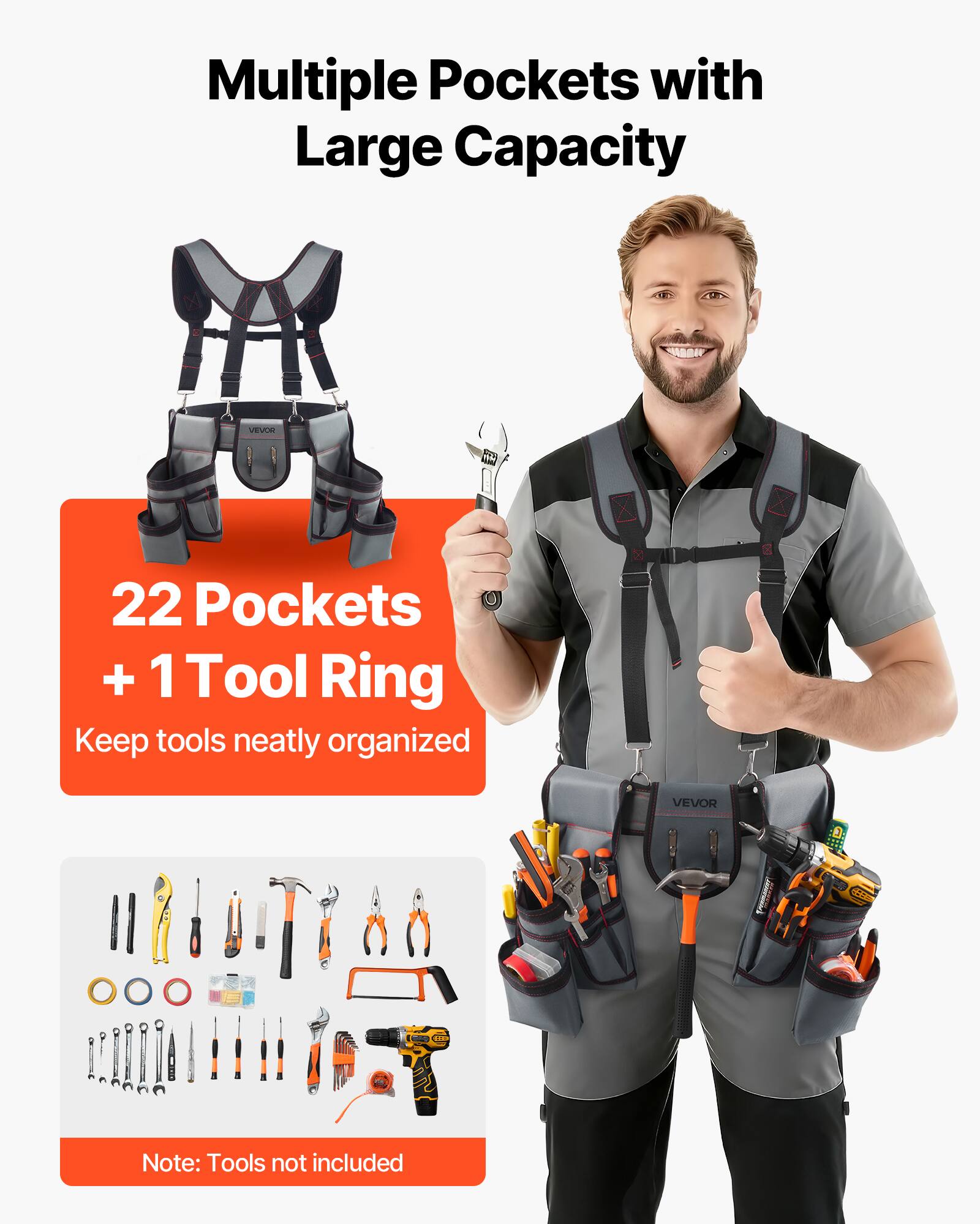 Multiple Pockets with Large Capacity

22 Pockets + 1 Tool Ring

Keep tools neatly organized

Note: Tools not included