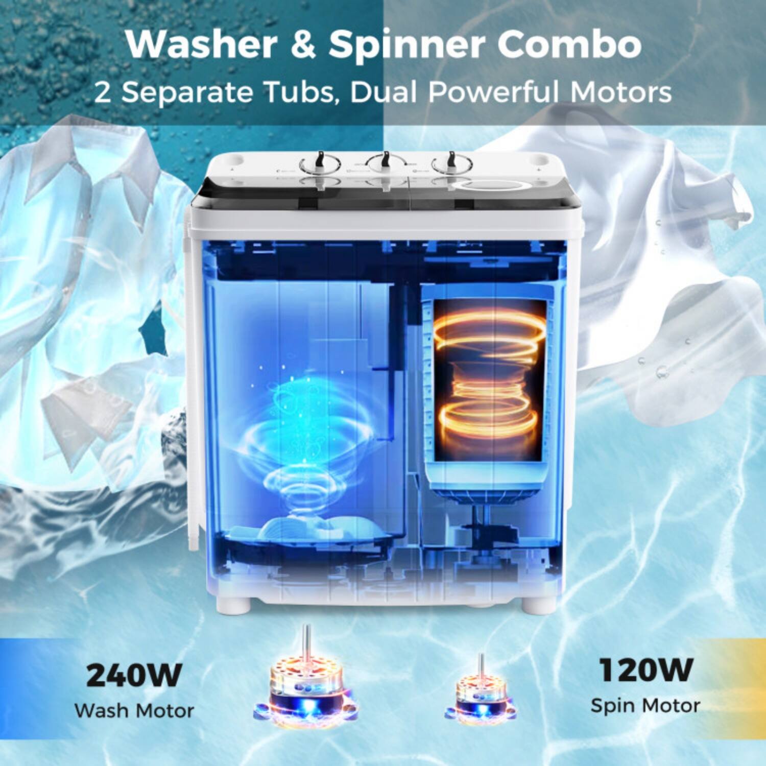 Washer & Spinner Combo  
2 Separate Tubs, Dual Powerful Motors  
240W Wash Motor  
120W Spin Motor
