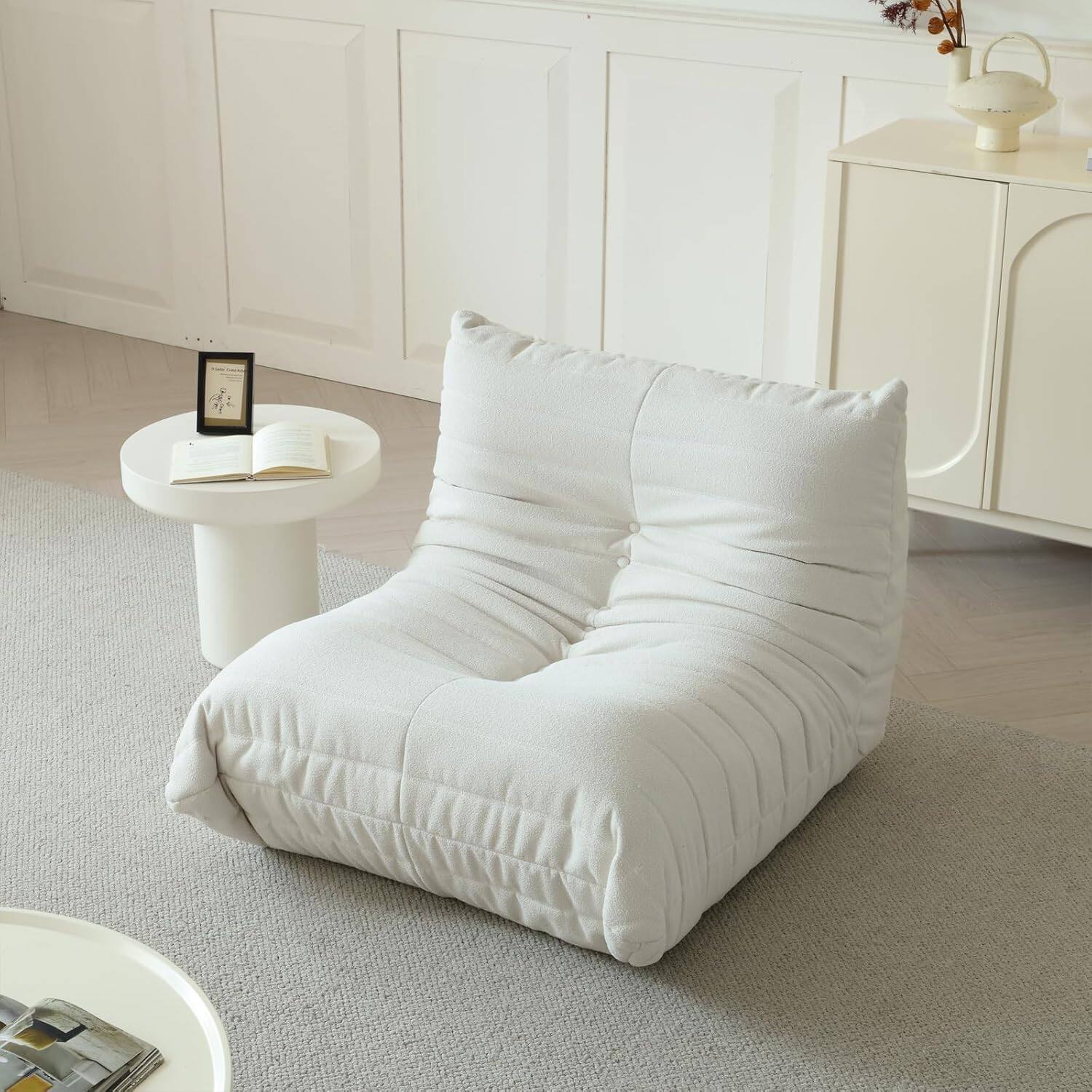 Front. Refined Abode Design - TEDDY VELVET ERGONOMIC SINGLE SEAT FLOOR CHAIR - Beige.