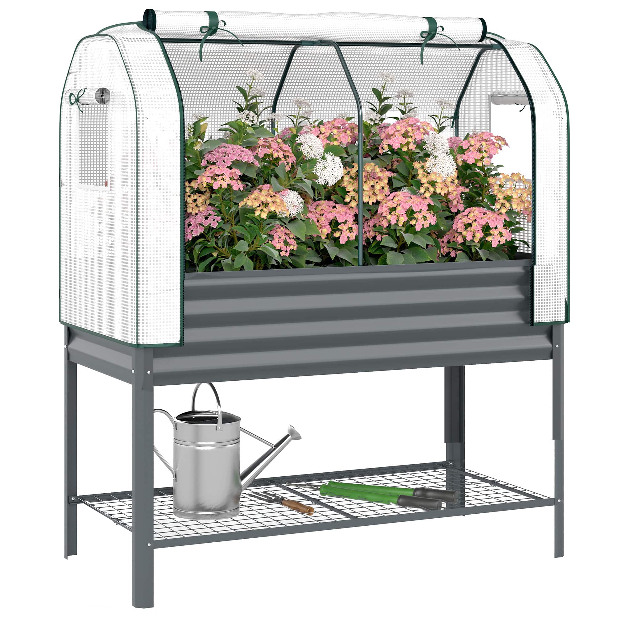 Outsunny - Galvanised Raised Garden Bed with Greenhouse Cover, Metal Elevated Garden Bed with Legs, Bed Liner and Bottom Shelf