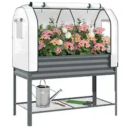 Outsunny - Galvanised Raised Garden Bed with Greenhouse Cover, Metal Elevated Garden Bed with Legs, Bed Liner and Bottom Shelf