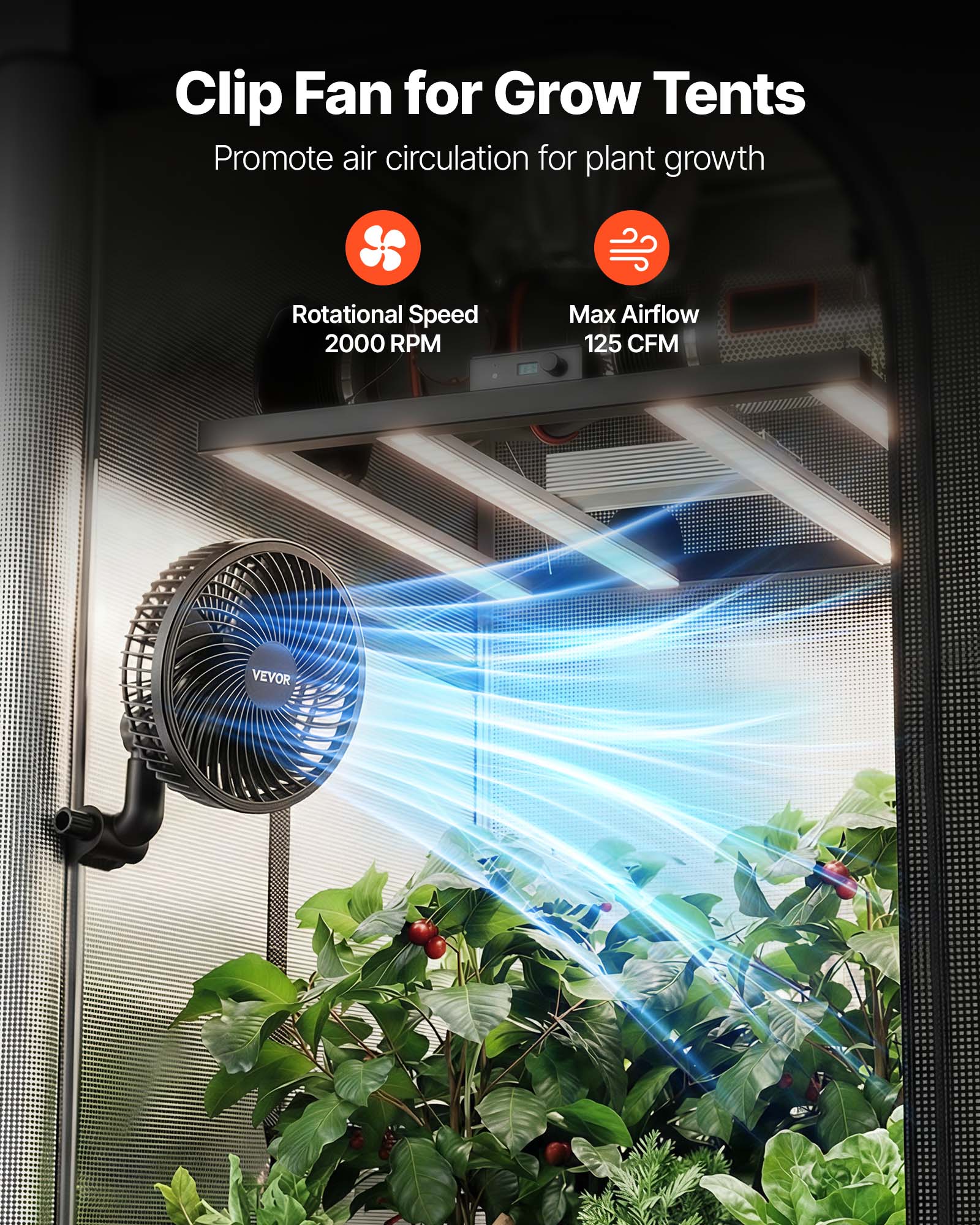 Clip Fan for Grow Tents  
Promote air circulation for plant growth  

- Rotational Speed: 2000 RPM  
- Max Airflow: 125 CFM  

VEVOR