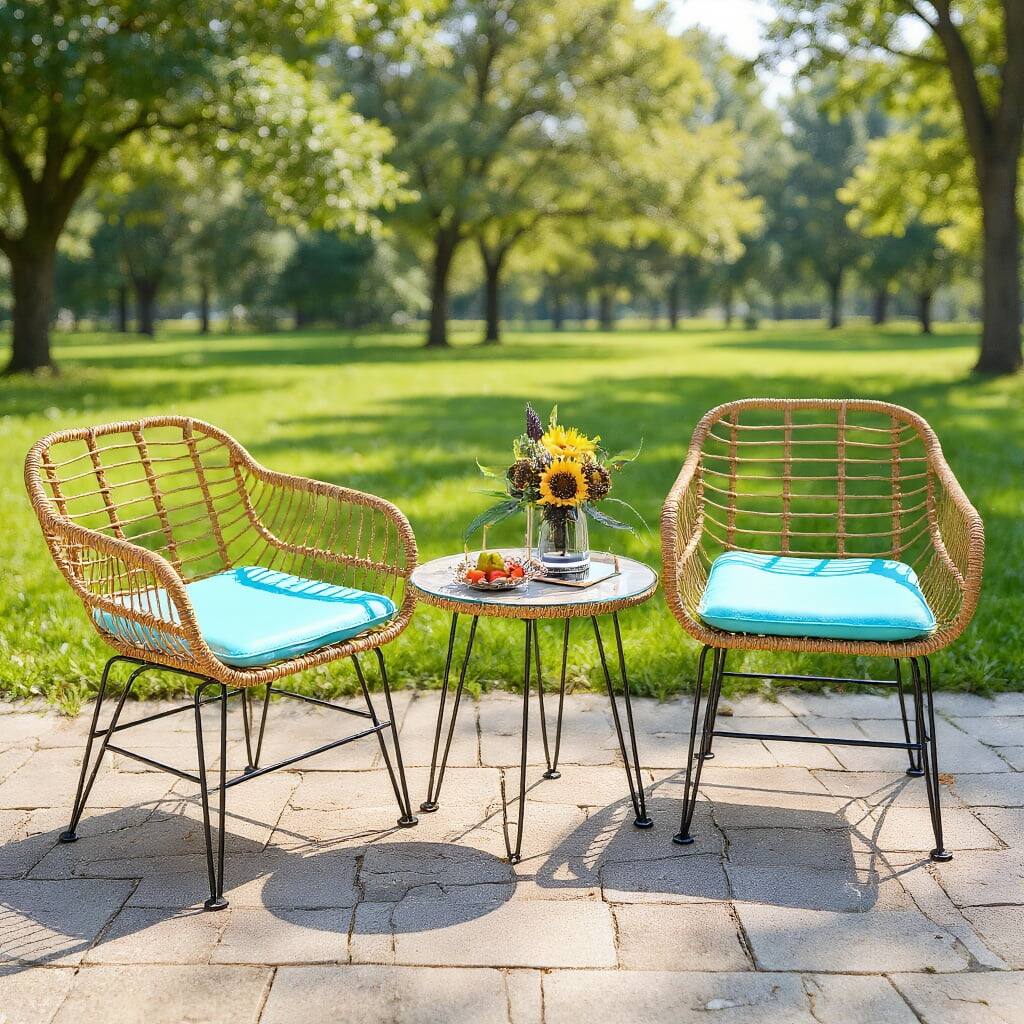 Front. Kadyn - 3 Pieces Rattan Furniture Set Small Patio Conversation Furniture Set with Cushioned Chair TableTurquoise - Turquoise.