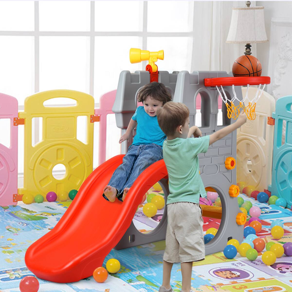 Alt View 1. Costway - Costway Children Climber Slide Set w/ Basketball Hoop and Telescope Toy Indoor & Outdoor - Multicolor.