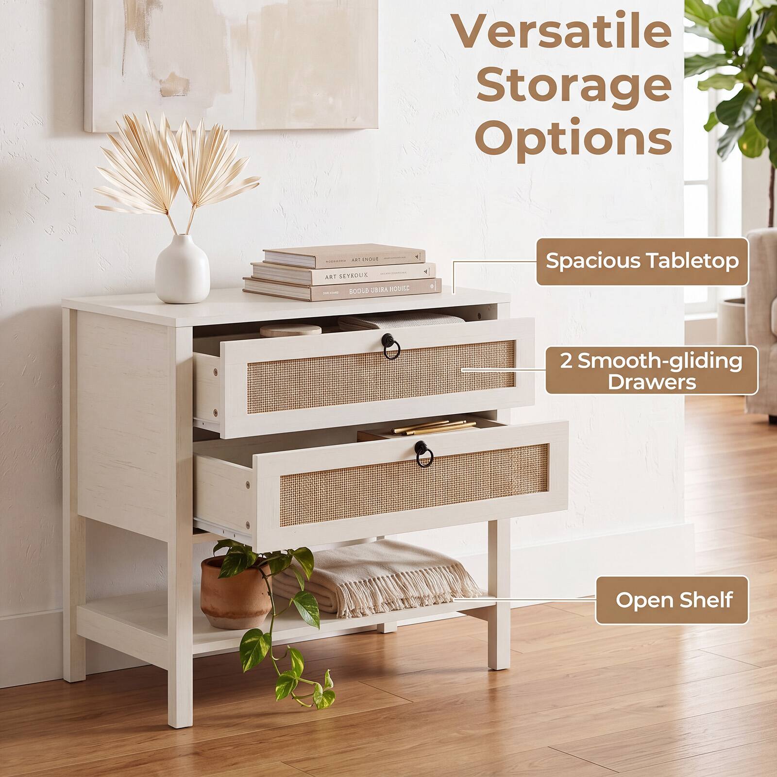 Versatile Storage Options

- Spacious Tabletop
- 2 Smooth-gliding Drawers
- Open Shelf