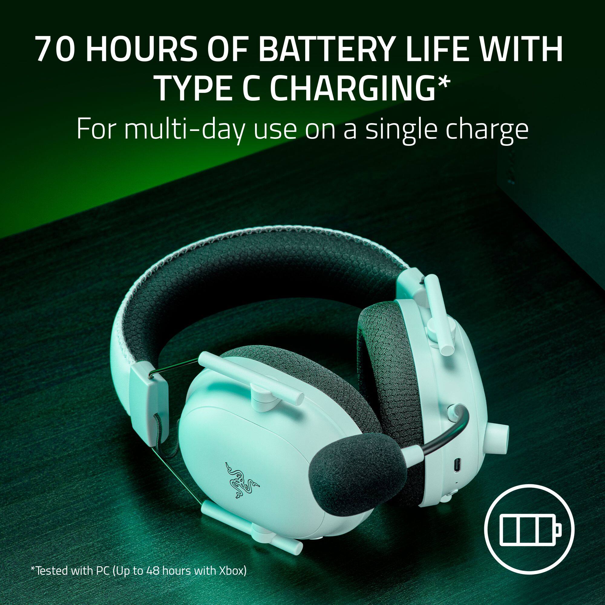 70 Hours of Battery Life with Type C Charging: For multi-day use on a single charge. Tested with PC (Up to 48 hours with Xbox).