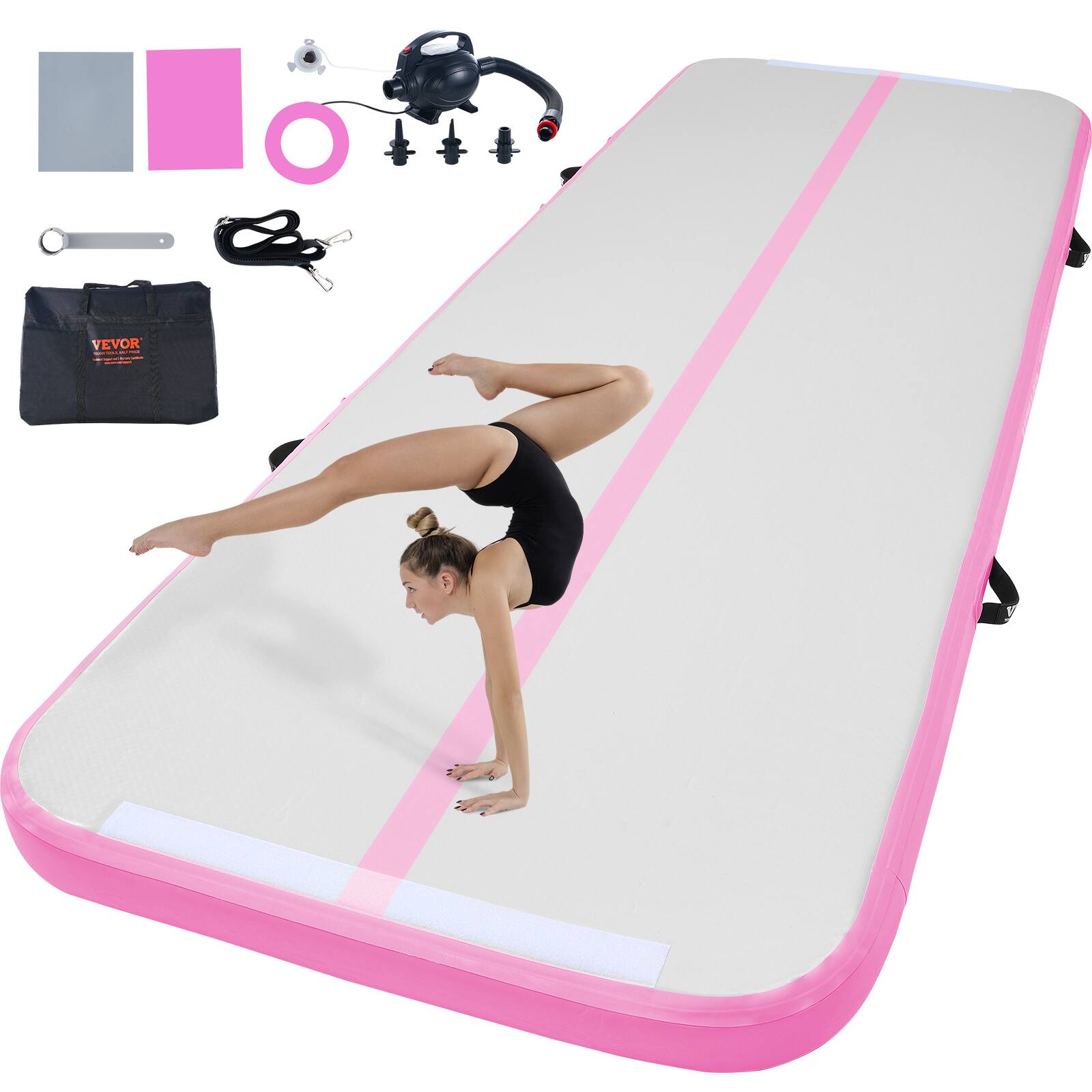 Front. VEVOR - Gymnastics Air Mat, 4 inch Thickness Inflatable Gymnastics Tumbling Mat, Tumble Track with Electric Pump - Pink.