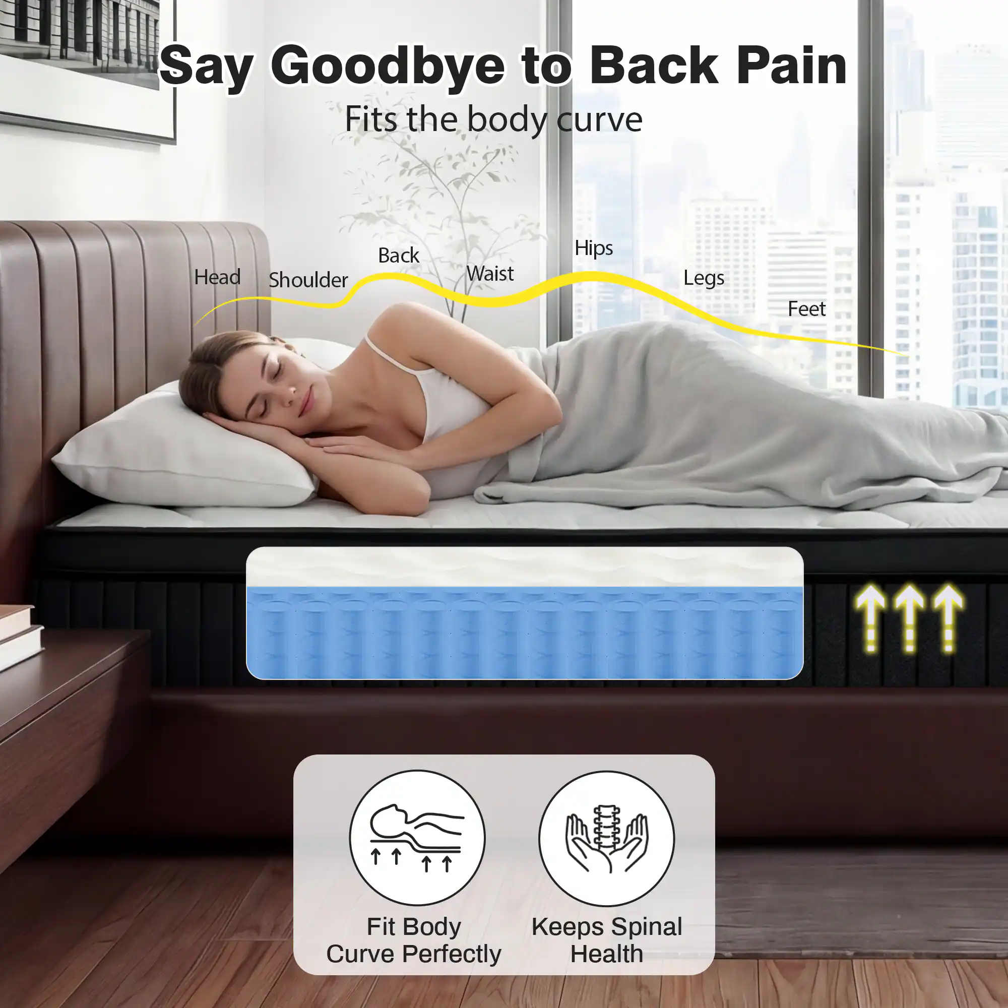 Say Goodbye to Back Pain  
Fits the body curve

Back  
Head  
Shoulder  
Waist  
Hips  
Legs  
Feet

Fit Body  
Curve Perfectly

Keeps Spinal  
Health
