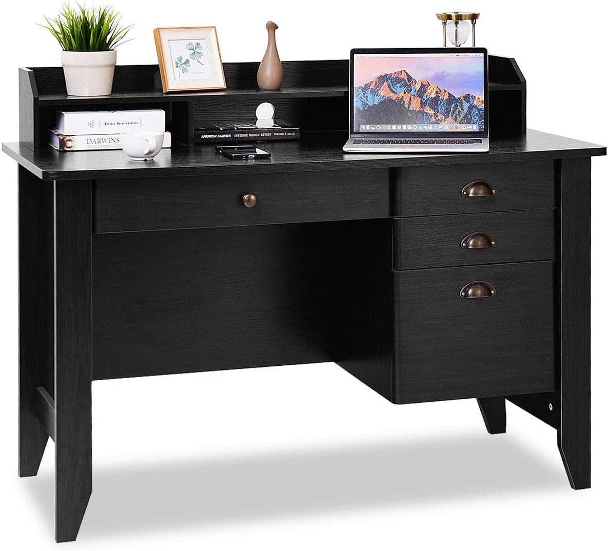 Ecooso - Vintage Computer Desk with Storage Shelves, 4 Drawers for Home Office Workstation - Black