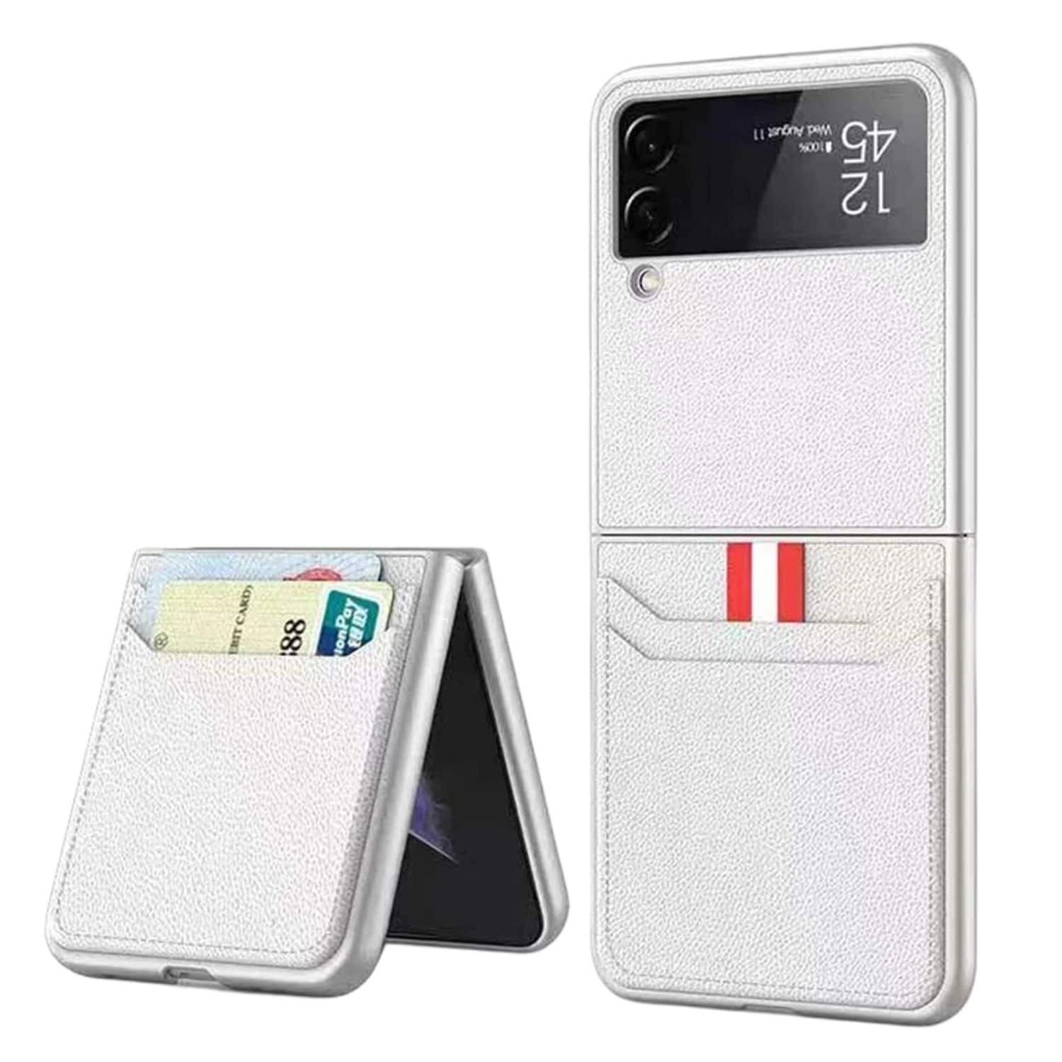 Stock Preferred - PU Leather Card Holder Folding Case for Samsung Galaxy Z Flip 3 5G, Shockproof Slim Cover - White
