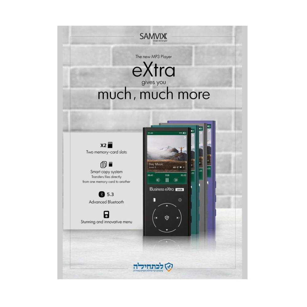 SAMVIX  
The new MP3 Player eXtra gives you much, much more  

1540 - E A X2  
Two memory-card slots  
Smart copy system  
Transfers files directly from one memory card to another  
5.3 Advanced Bluetooth  
Day Music  
Business eXtra 10  
Stunning and innovative menu