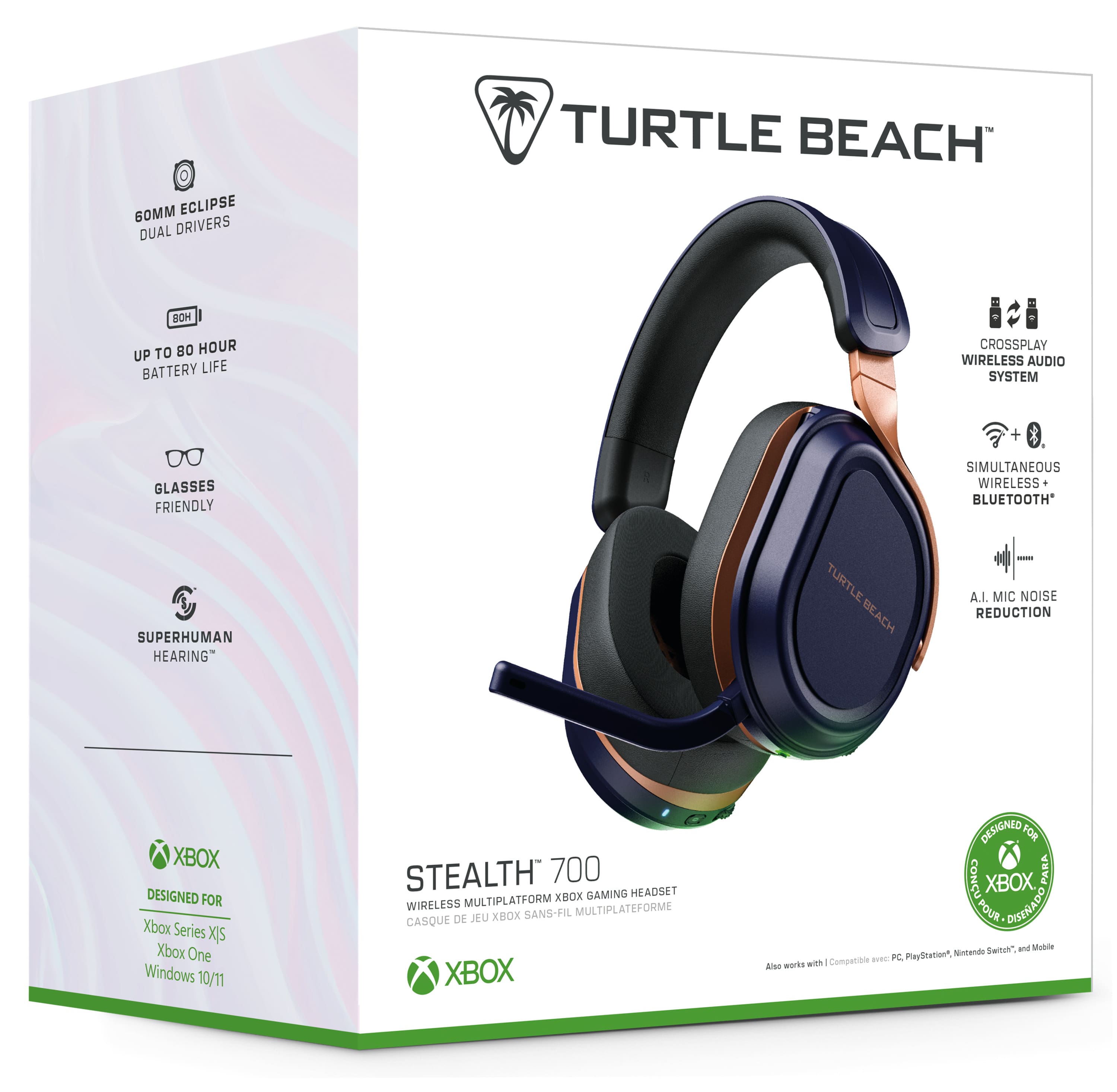 The box contains a Turtle Beach Stealth 700 gaming headset, designed for Xbox Series X|S and Xbox One. The headset features dual drivers, 80 hours of battery life, crossplay wireless audio system, and glasses-friendly design. It also includes a built-in AI mic with noise reduction and Bluetooth connectivity for simultaneous wireless and wired use. The headset is compatible with Windows 10/11 and is designed for multi-platform gaming.