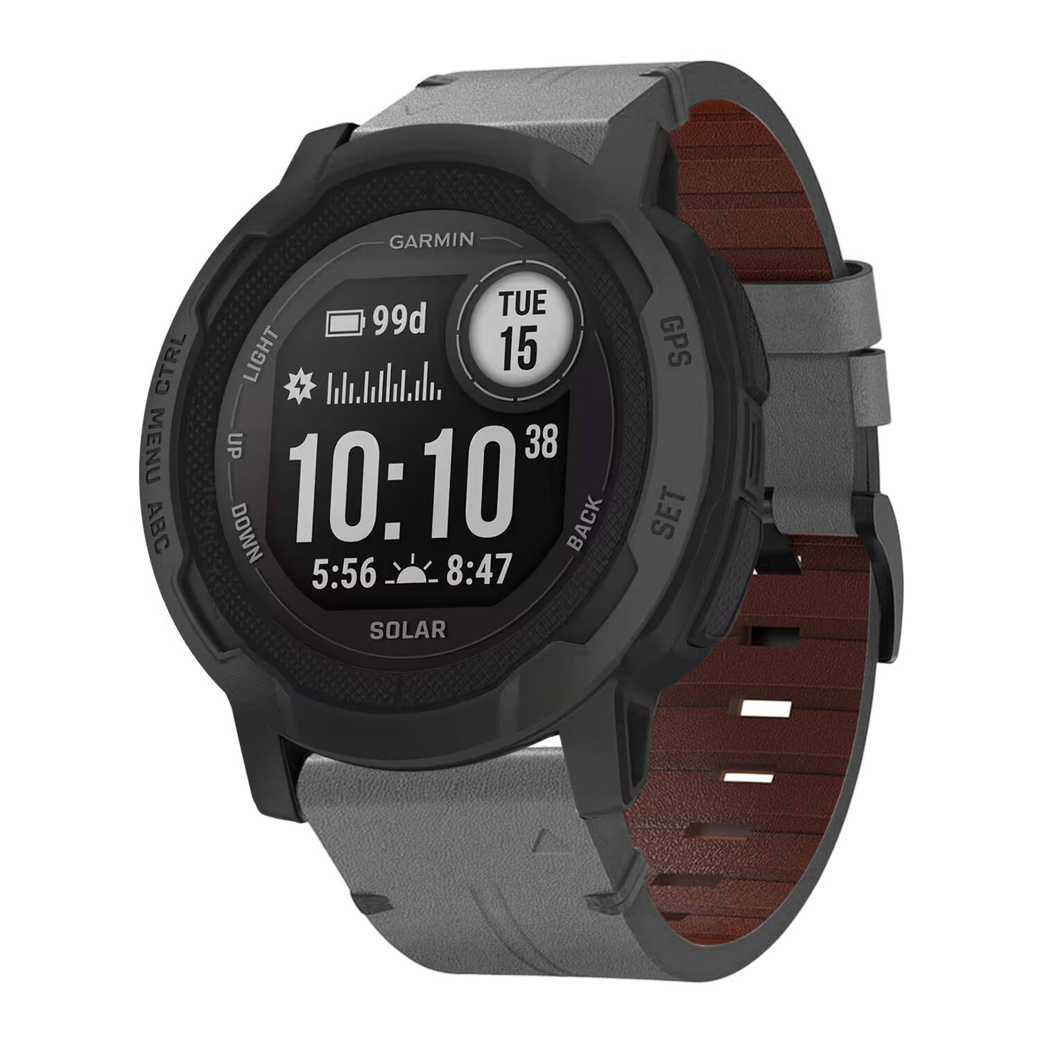 GARMIN TUE 99d CTRL LIGHT 15 GPS MENU UP 38 ABC DOWN 10:10" BACK SET 5:56 8:47 SOLAR