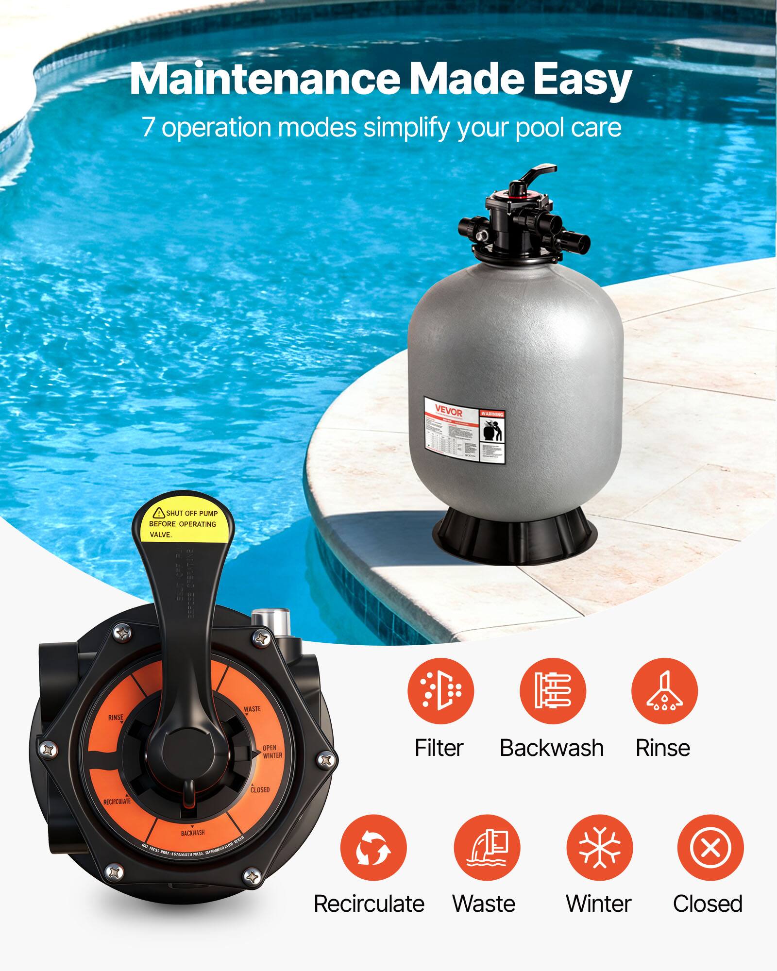 Maintenance Made Easy  
7 operation modes simplify your pool care  

SHUT OFF PUMP BEFORE OPERATING VALVE.  

Filter  
Backwash  
Rinse  
Recirculate  
Waste  
Winter  
Closed