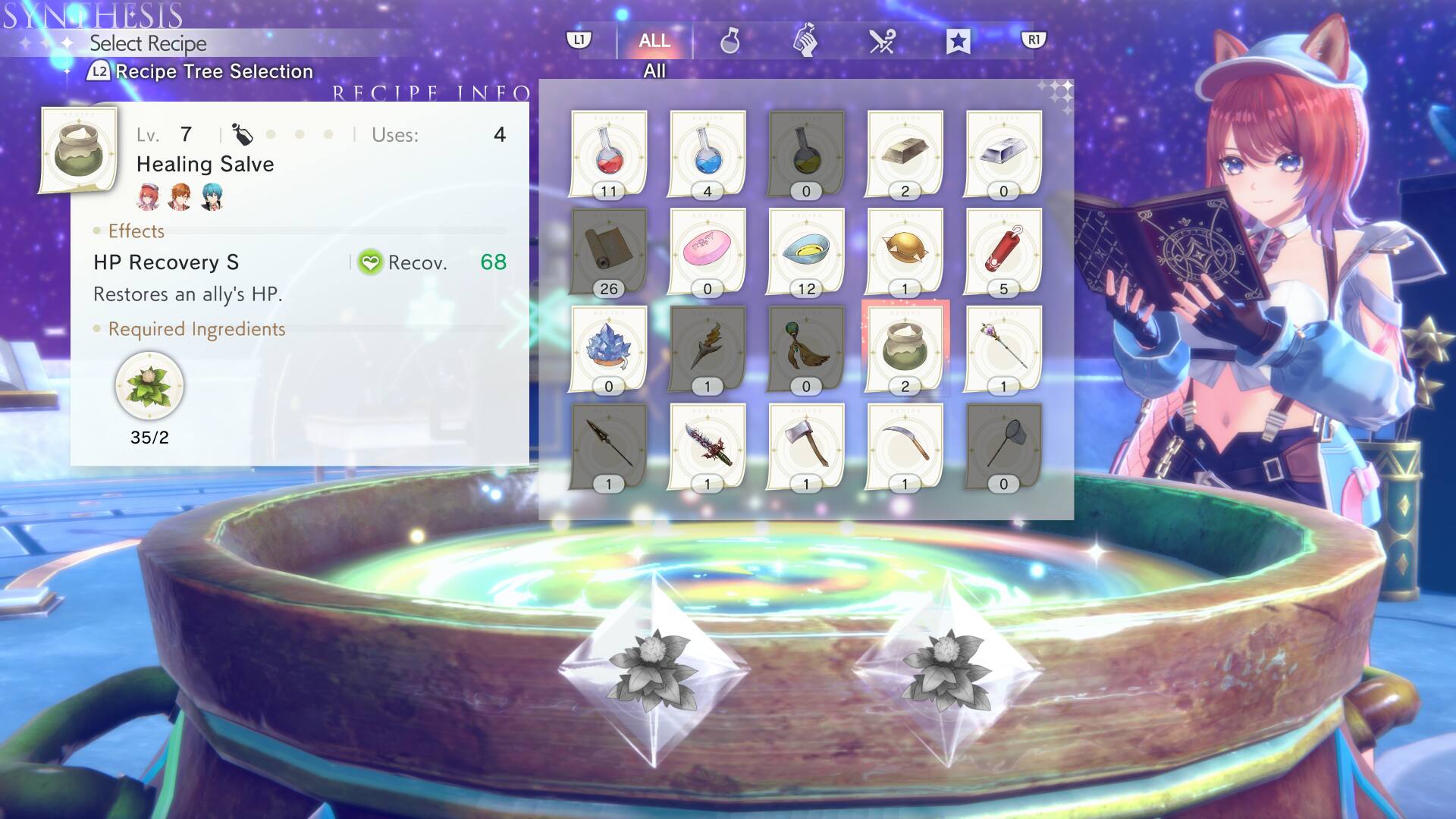 The text on the image is grouped and corrected as follows:

Recipe Tree Selection:

* Recipe Info:
	+ All:
	+ L1: Healing Salve
	+ Effects: HP Recovery
	+ Required Ingredients: Recov. 4 68 11 26
	+ Uses: 4 BT 0 e 0 12 2 1 0 e 5 N - N 0 1 0 2 1 35/2 1 1 1 1 0

Please note that the image description does not provide information about the game or the character.
