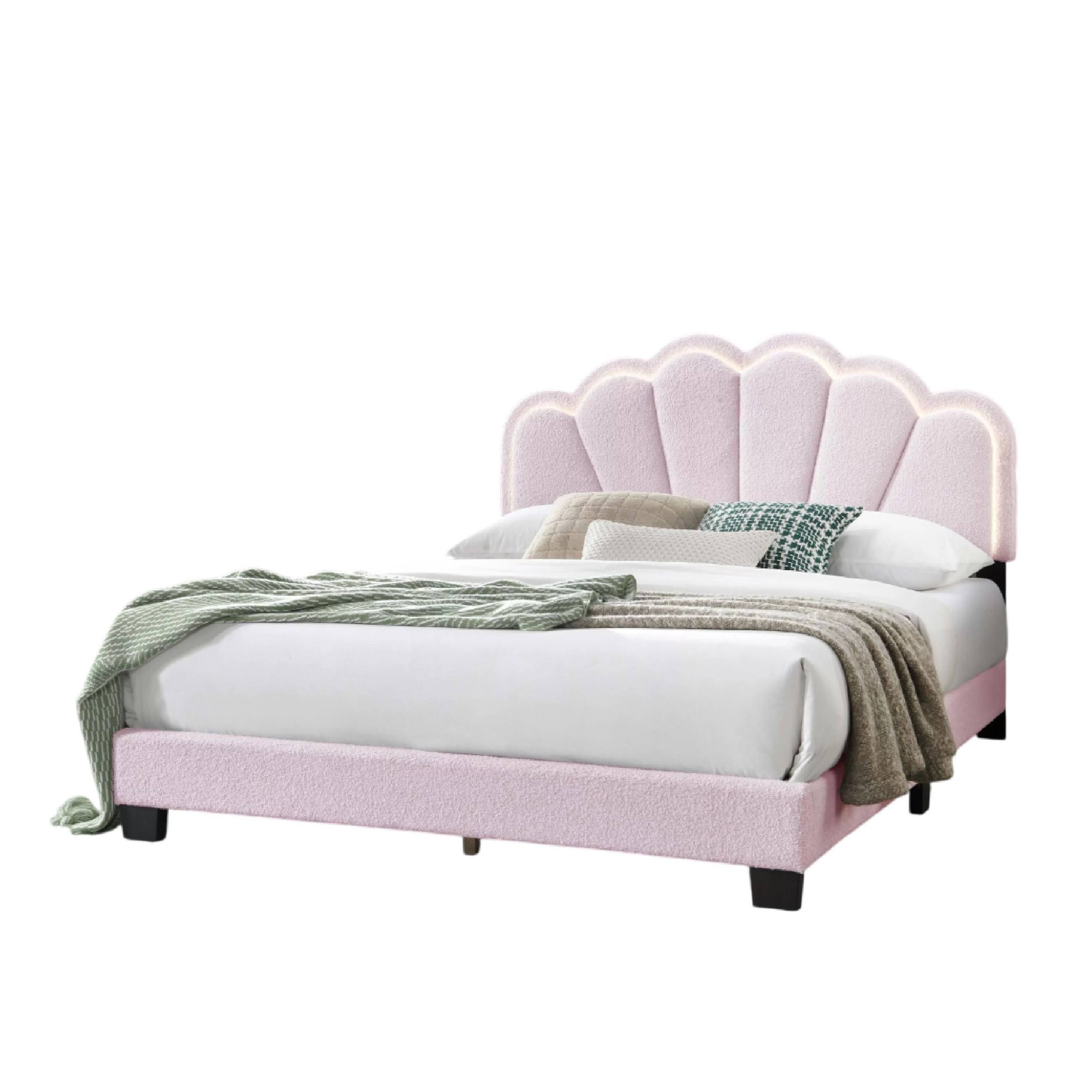 Alt View 2. Manhattan Lane - Madsy Full Bed, Pink Upholstered Fan-Shaped Headboard, Metallic Accents - Pink, Black.