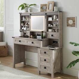 PO3TICJUNKI3 - 48'' Farmhouse Vanity Desk with LED Mirror, 7 Drawers, Charging Station, Glass Top - Light Rustic Oak