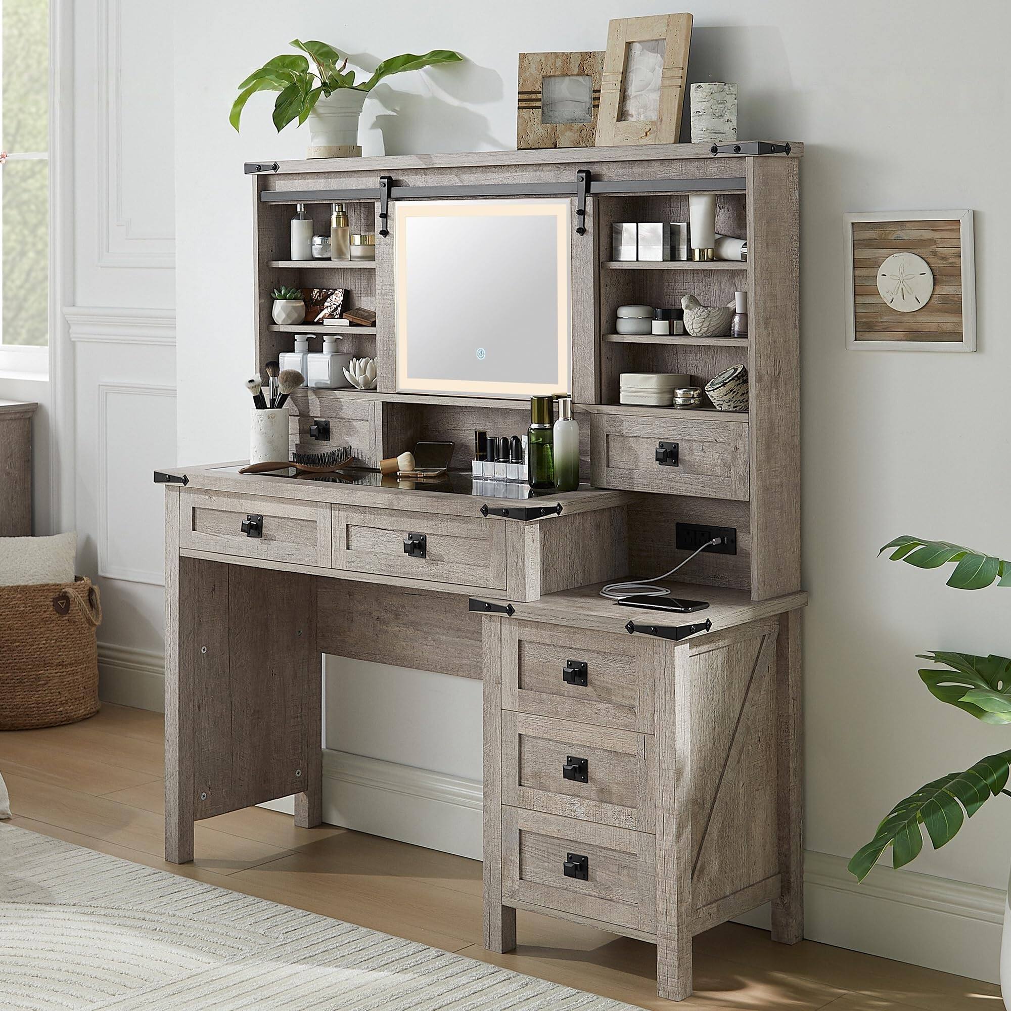 Front. PO3TICJUNKI3 - 48'' Farmhouse Vanity Desk with LED Mirror, 7 Drawers, Charging Station, Glass Top - Light Rustic Oak.
