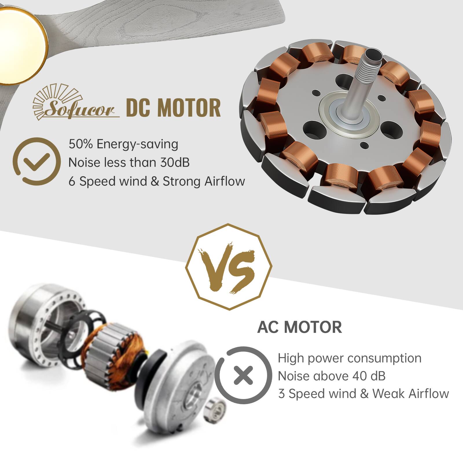 **DC MOTOR**

- 50% Energy-saving
- Noise less than 30dB
- 6 Speed wind & Strong Airflow

**VS**

**AC MOTOR**

- High power consumption
- Noise above 40 dB
- 3 Speed wind & Weak Airflow