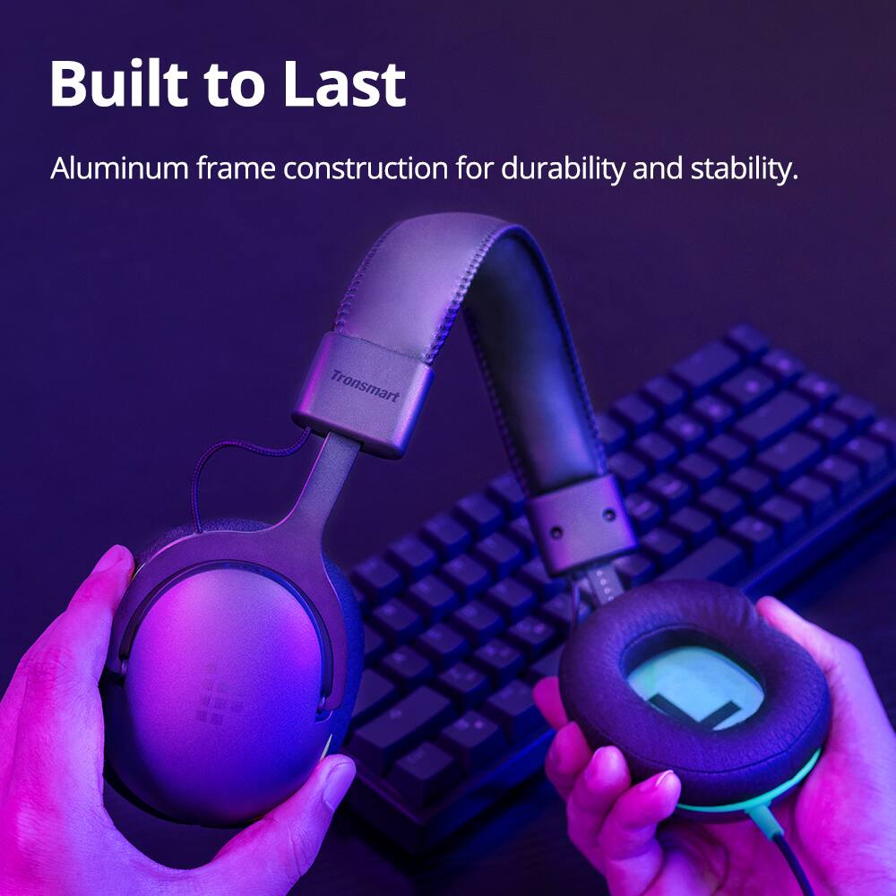 Built to Last: Aluminum frame construction for durability and stability. Tronsmart headphones.
