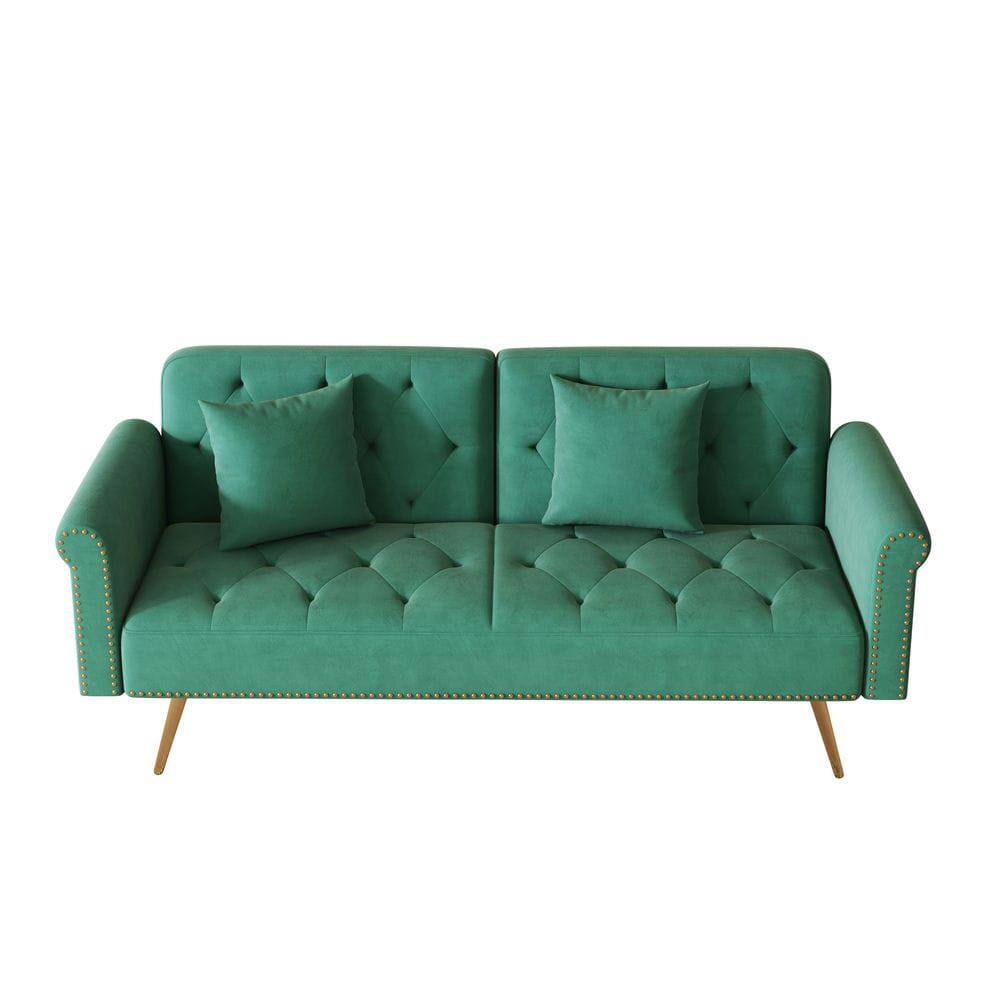 Alt View 7. Resenkos - 69.7" Velvet Sofa Bed with Nail Head Trim & Matching Throw Pillow - Green.