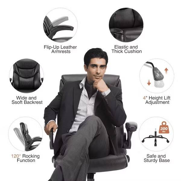 Flip-Up Leather Armrests  
Elastic and Thick Cushion  
Wide and Soft Backrest  
4" Height Lift Adjustment  
300 lb Capacity  
120° Rocking Function  
Safe and Sturdy Base
