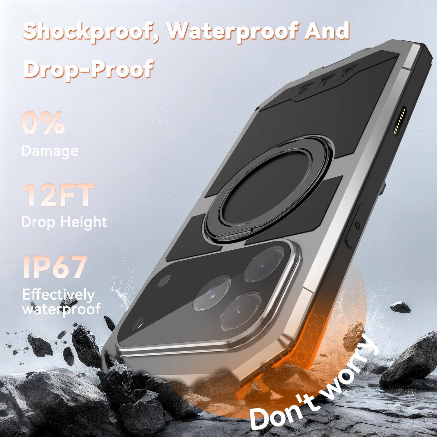 Shockproof, Waterproof And Drop-Proof  
0% Damage  
12FT Drop Height  
IP67 Effectively waterproof  
Don't worry