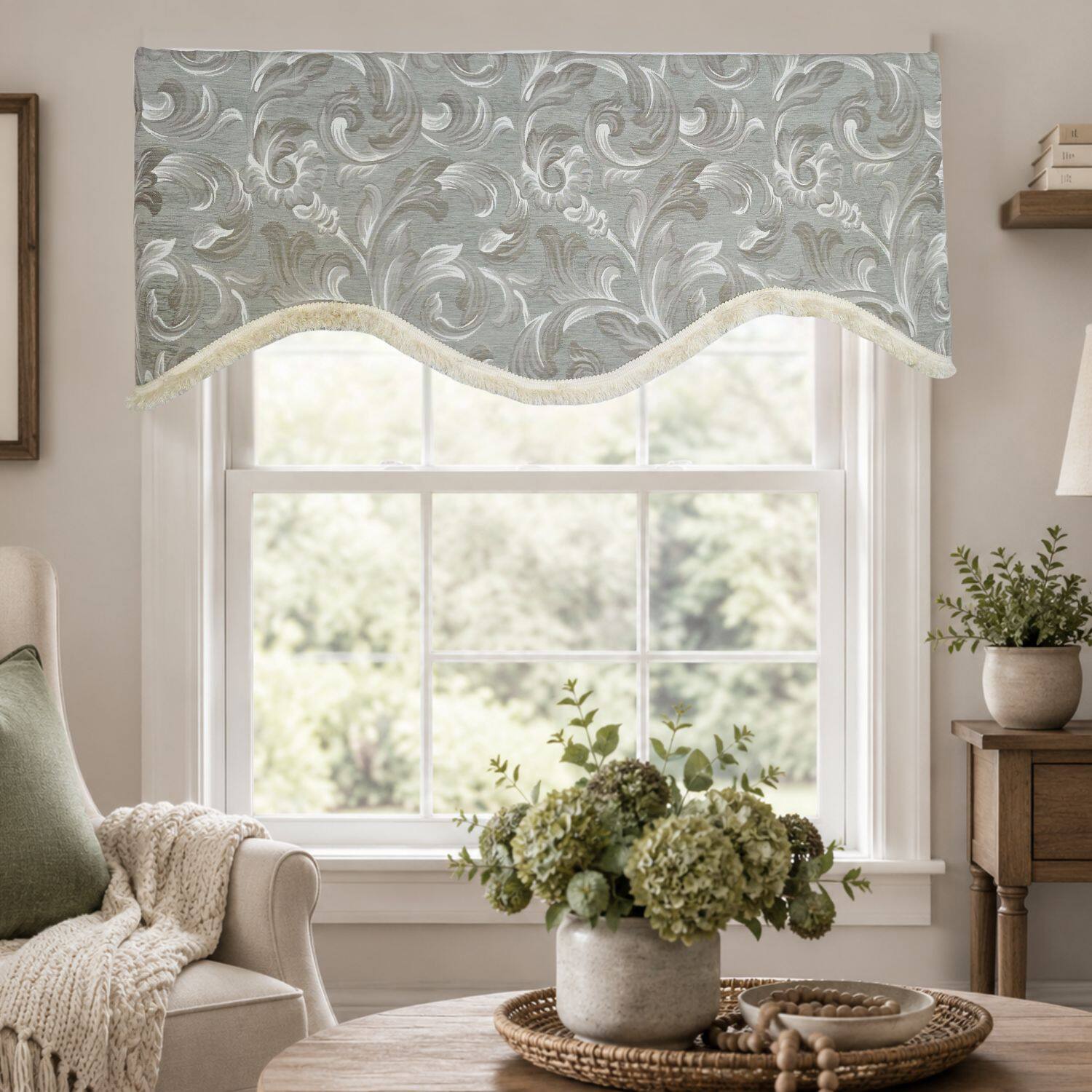 Angle. RLF Home - RLF Home 100% Cotton Jasper Trimmed Cornice Lined Window Valance 50" x 17" Sage - Sage.