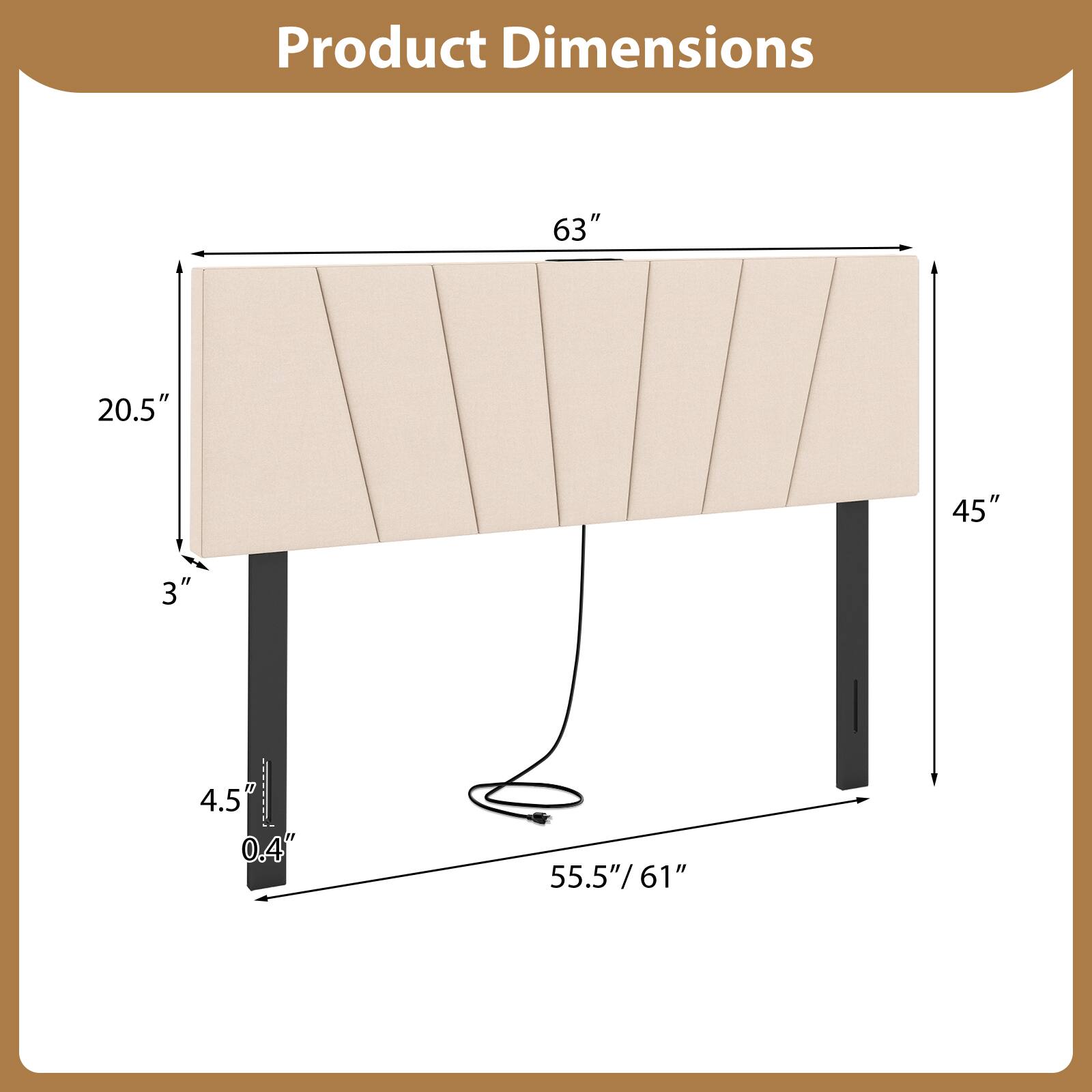 Product Dimensions: 63" x 20.5" x 45" x 3" x 4.5" x 0.4" x 55.5"/61"
