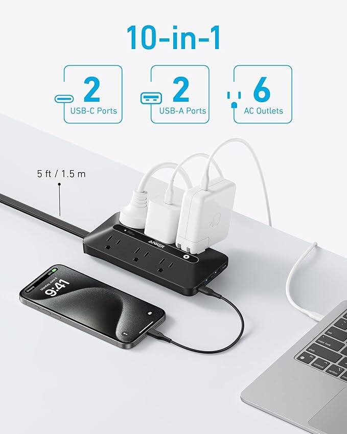10-in-1  
2 USB-C Ports  
2 USB-A Ports  
6 AC Outlets  
5 ft / 1.5 m  
ANKER