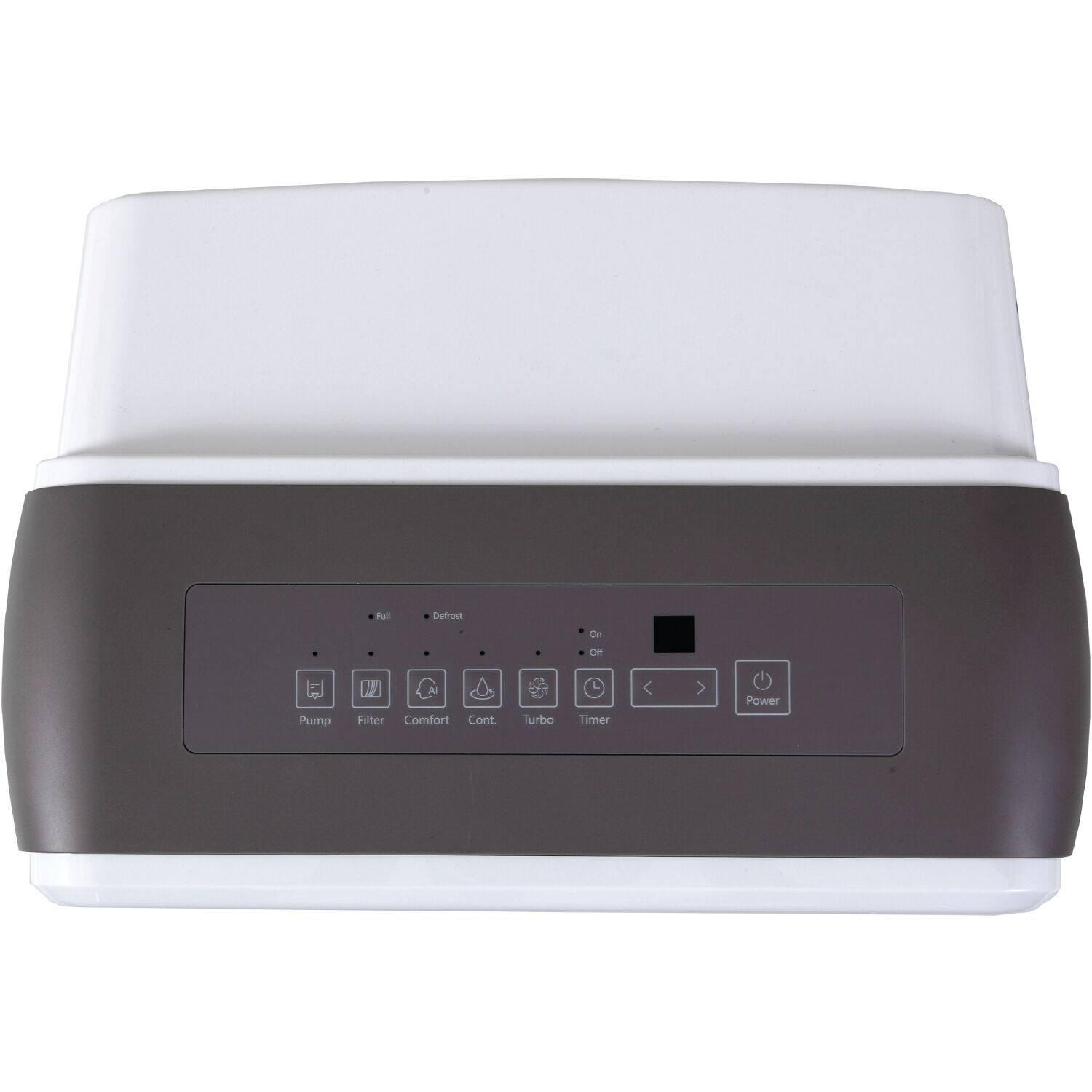 The image features a white electronic device with a black top and a white bottom. The device has a control panel with several buttons, including a power button, a timer button, and a defrost button. The buttons are arranged in a row, with the power button on the left side, the timer button in the middle, and the defrost button on the right side. The device is designed to provide convenience and control for various functions, such as defrosting, pump filtering, and comfort settings.