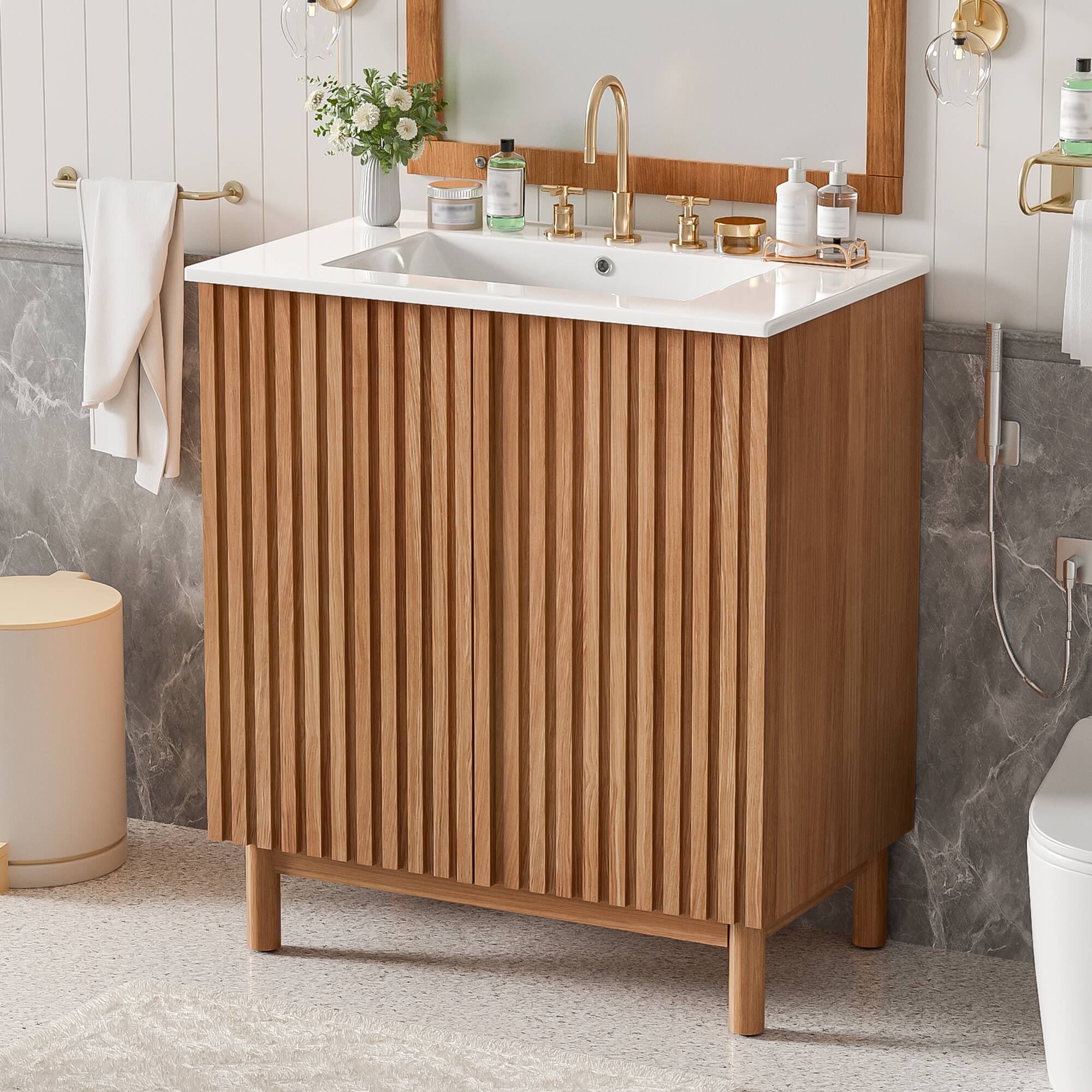 Front. Whisen - 29.9" Bathroom Vanity With Ceramic Sink, U-Shaped Adjustable Shelf & Soft-Close Doors, Free-Standing - Natural Wood.