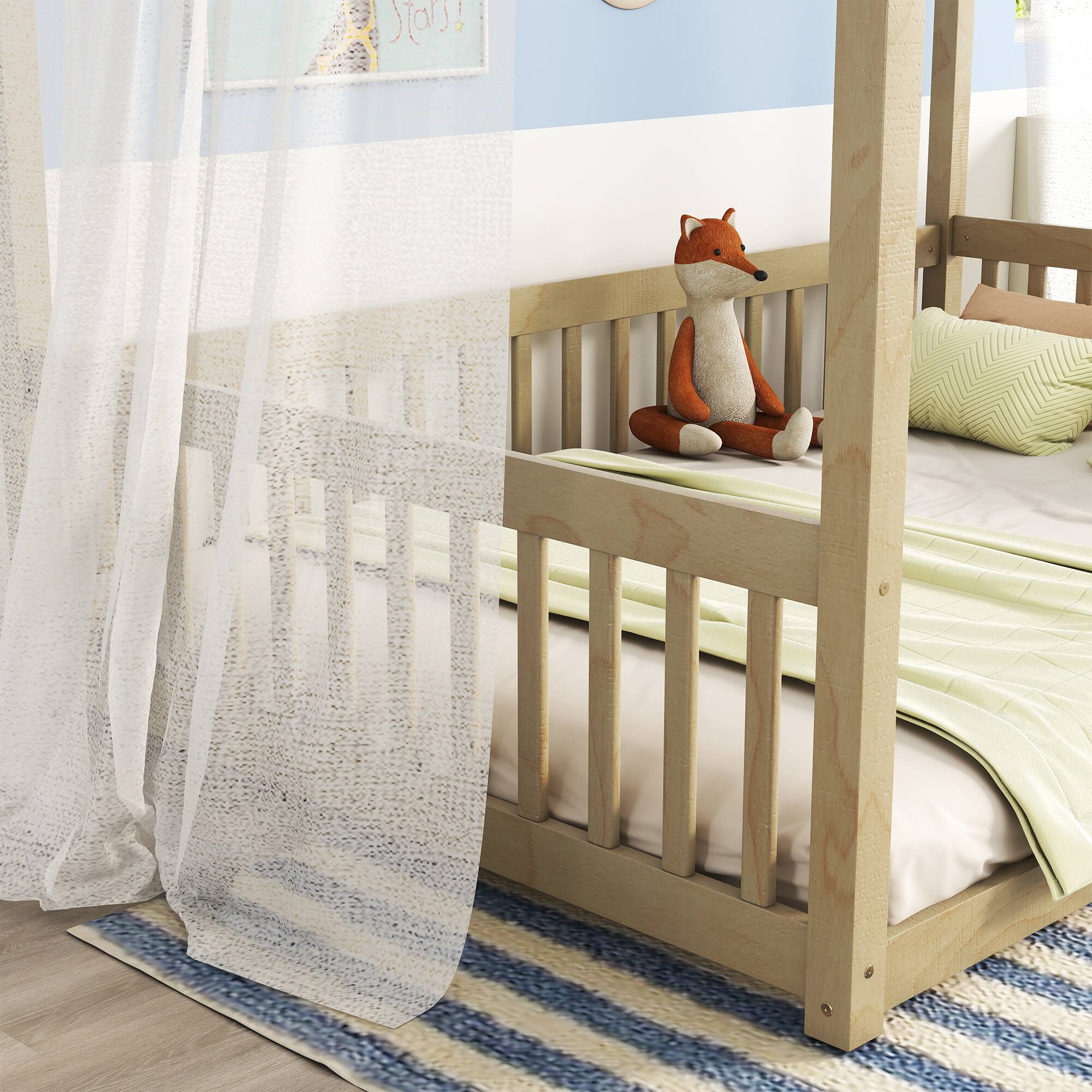 Alt View 1. Tiramisubest - Full Size Canopy Frame Floor Bed with Fence, Guardrails,Natural - Natural.