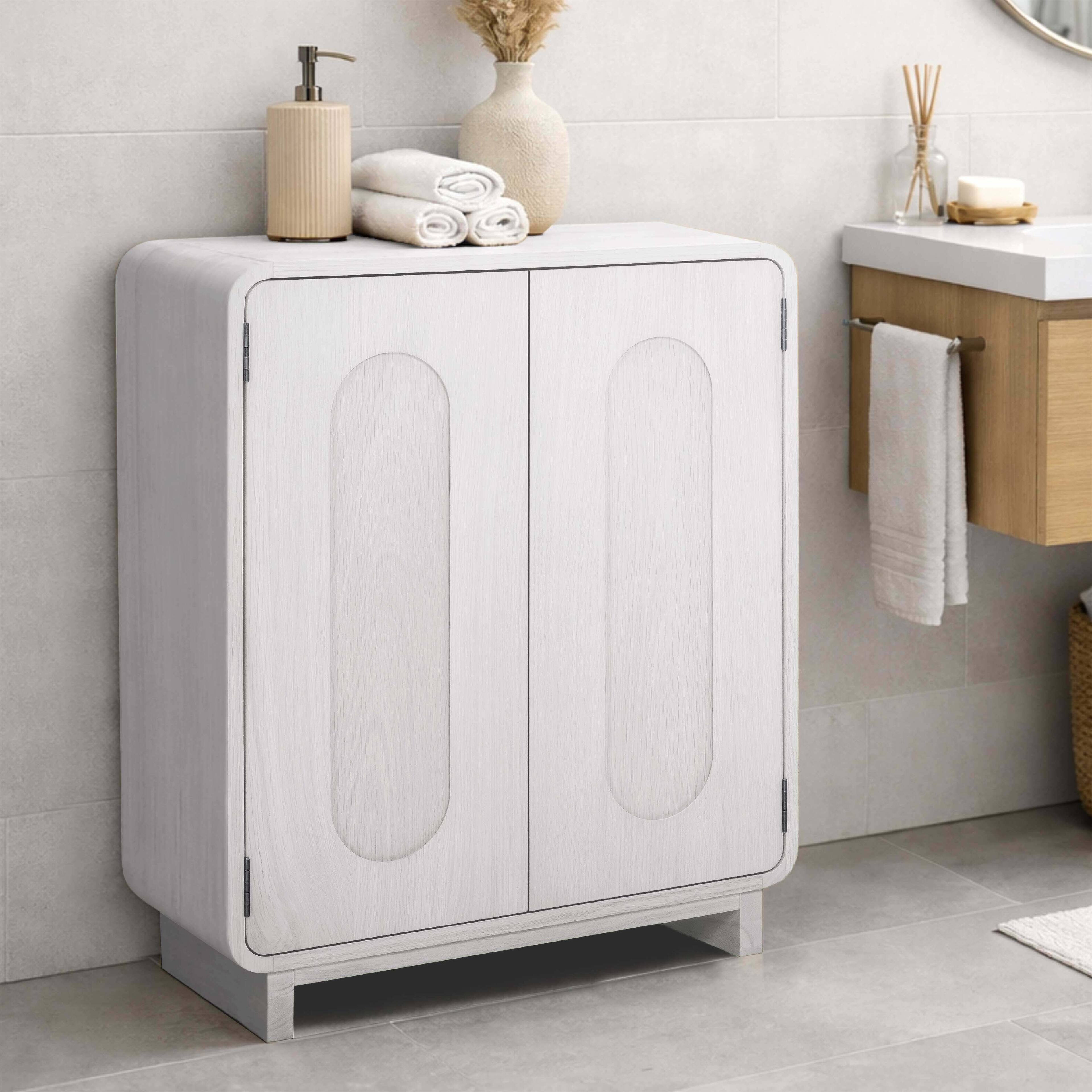 Angle. Teamson Home - Oak Veneer Multi Purpose Storage Accent Cabinet with Solid Wood Frame - White.