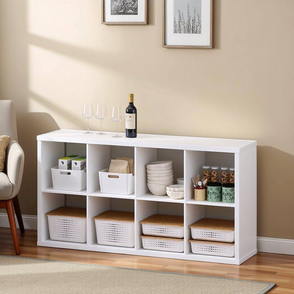 Angle. FurniFact - White Cube Storage Organizer with 8 Square Shelves for Kitchen Storage - White.