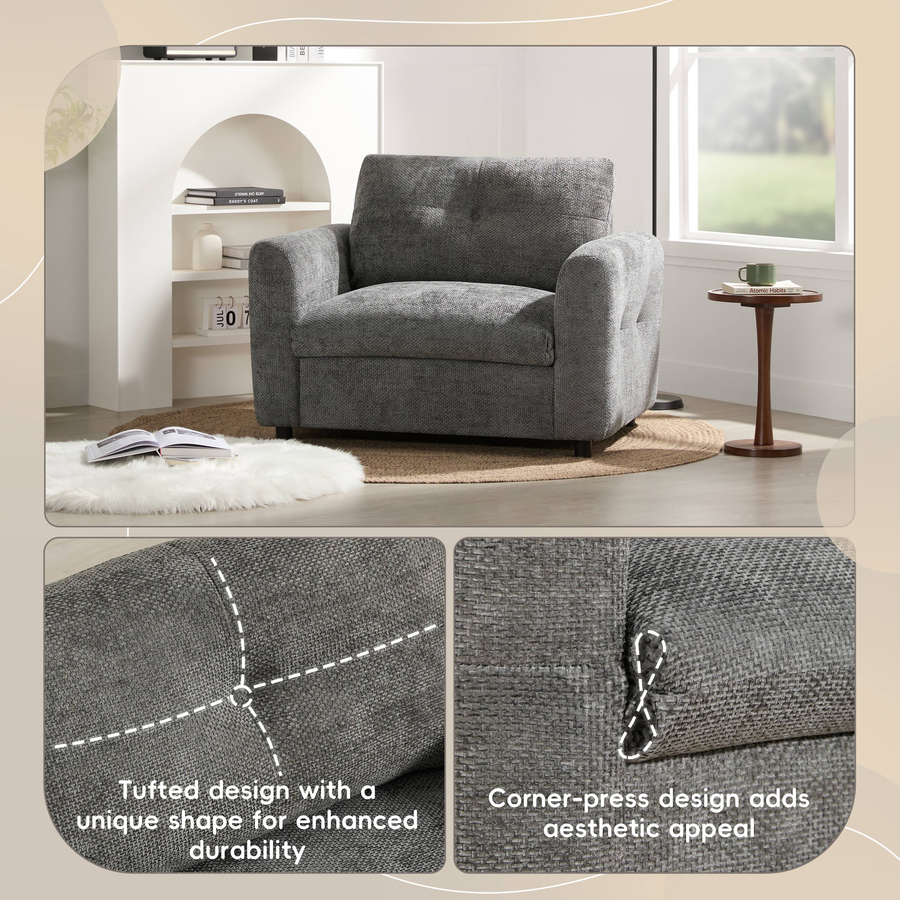 - Tufted design with a unique shape for enhanced durability
- Corner-press design adds aesthetic appeal