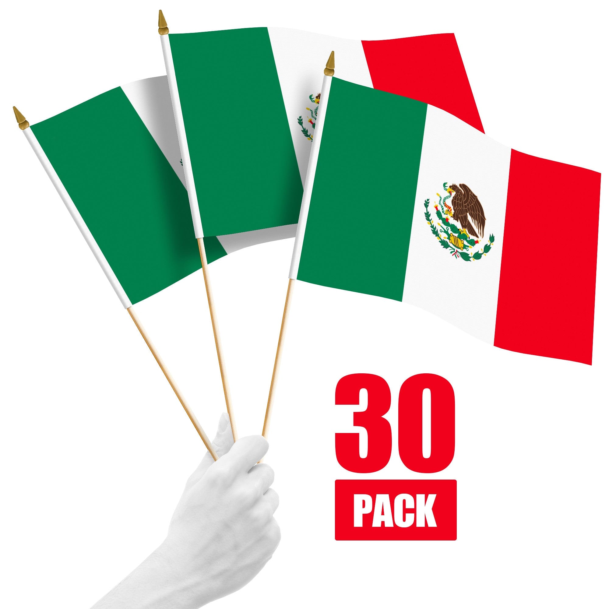 G128 - 30-Pack Handheld Mexico Flags 12 x 18 in, 150D Polyester with Wooden Stick and Gold Spear Tip - Assorted Colors