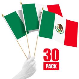 G128 - 30-Pack Handheld Mexico Flags 12 x 18 in, 150D Polyester with Wooden Stick and Gold Spear Tip - Assorted Colors