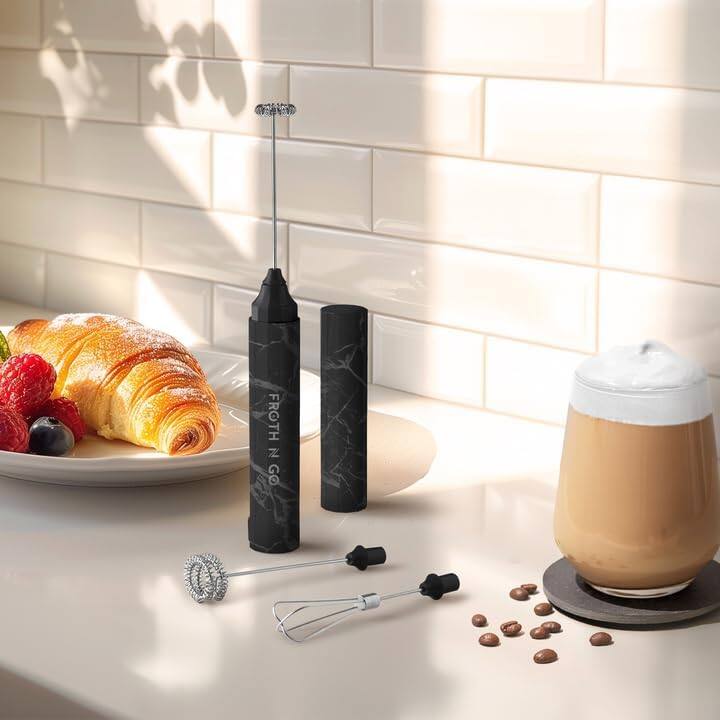 Angle. Zulay Kitchen - Zulay Kitchen 3-in-1 Froth N Go Milk Frother Rechargeable - Comes with 3 Whisk Attachments - Black Marble.