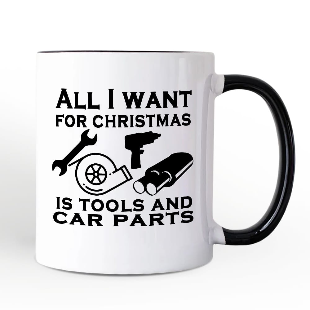 OrnamentallyYou - Mechanic Tools & Car Parts Christmas Mug, All I Want for Christmas Garage Quote Gift - White