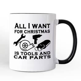 OrnamentallyYou - Mechanic Tools & Car Parts Christmas Mug, All I Want for Christmas Garage Quote Gift - White
