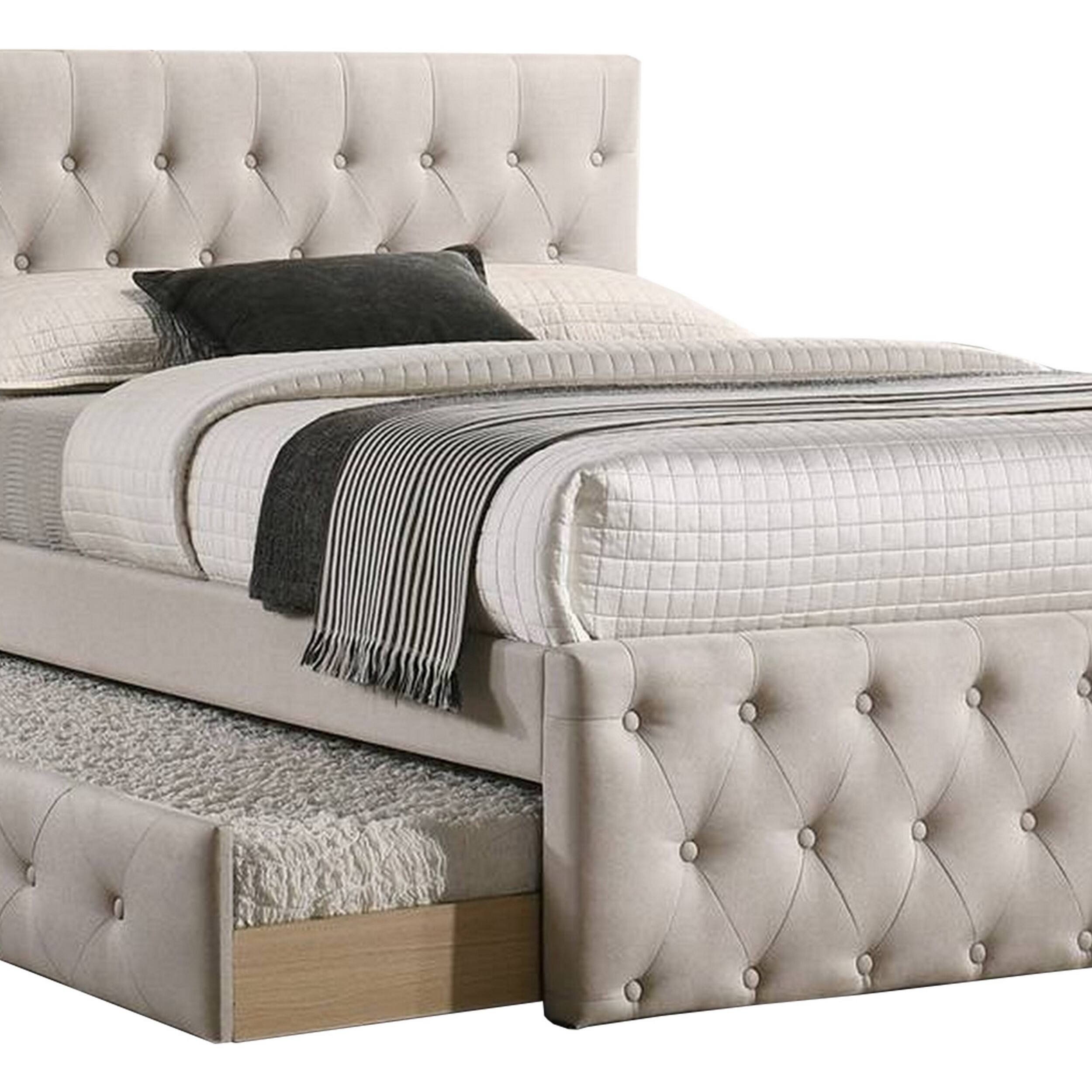 Alt View 3. Manhattan Lane - Nek Wood Full Size Upholstered Bed with Twin Trundle, Taupe Burlap Frame - Taupe.