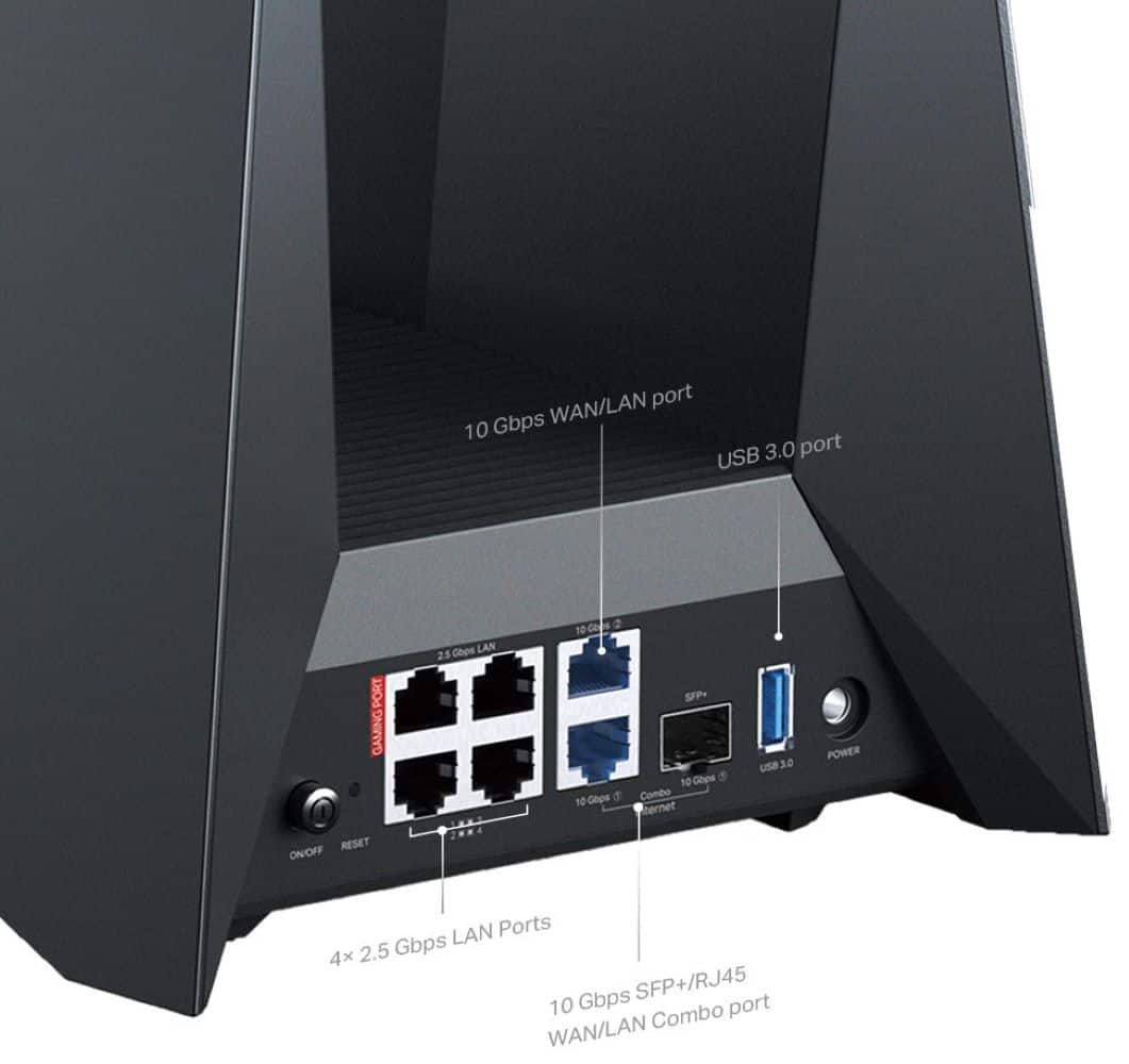 The image features a black box with a variety of ports and connections. The box has a WAN/LAN port, a USB 3.0 port, a gaming port, and four LAN ports. Additionally, there are two SFP+/RJ45 ports and a 10 Gbps port. The box also has a power reset button and a combo port for internet use.