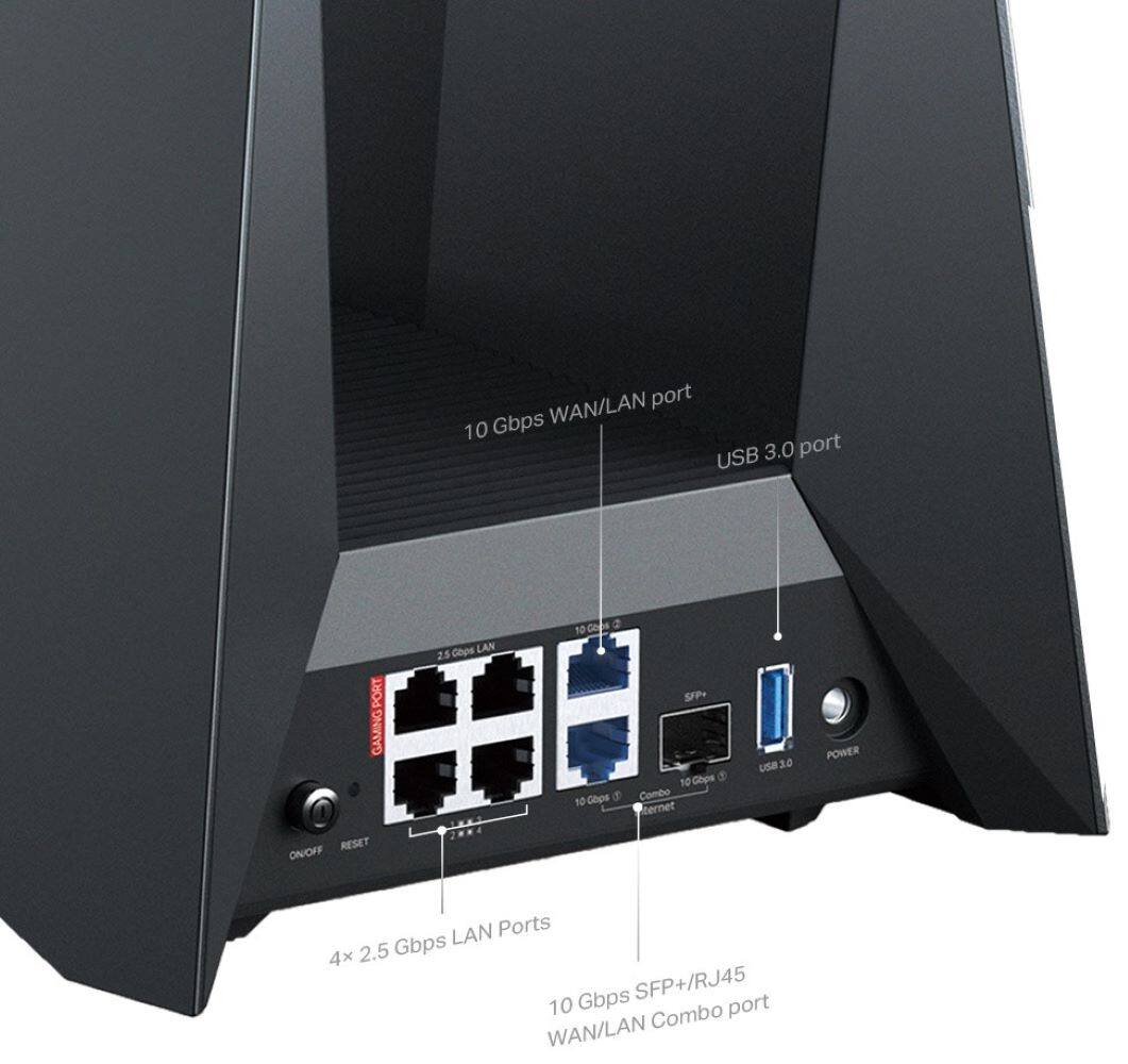 The image features a black box with a variety of ports and connections. The box has a WAN/LAN port, a USB 3.0 port, a gaming port, and four LAN ports. Additionally, there are two SFP+/RJ45 ports and a 10 Gbps port. The box also has a power reset button and a combo port for internet use.