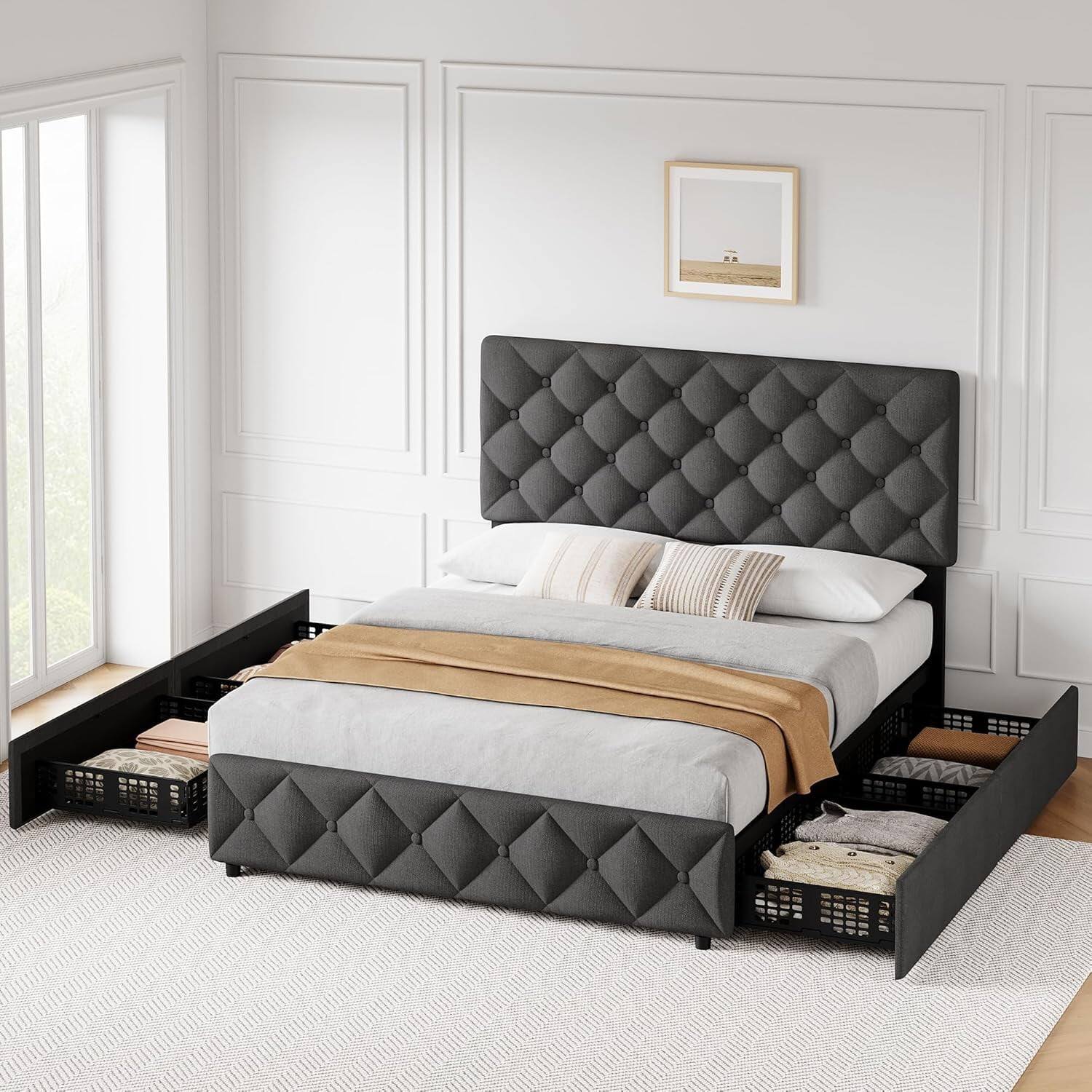 Alt View 4. Qeetex - Full Size Bed Frame with 4 Storage Drawers and Adjustable Headboard  Upholstered Platform Bed Frame with Storage  Diamon - As Shown.