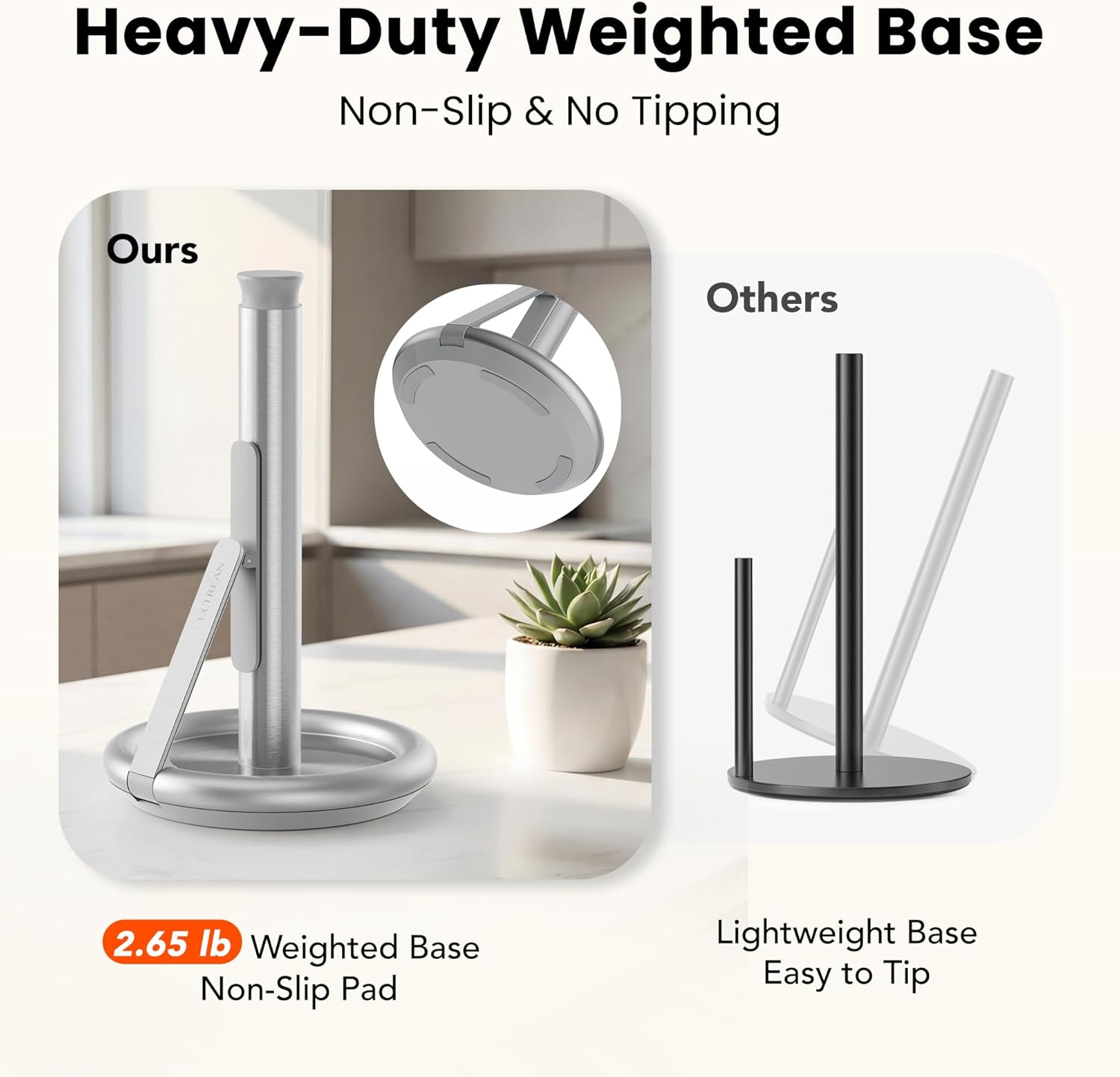 Heavy-Duty Weighted Base  
Non-Slip & No Tipping  

Ours  
2.65 lb Weighted Base  
Non-Slip Pad  

Others  
Lightweight Base  
Easy to Tip